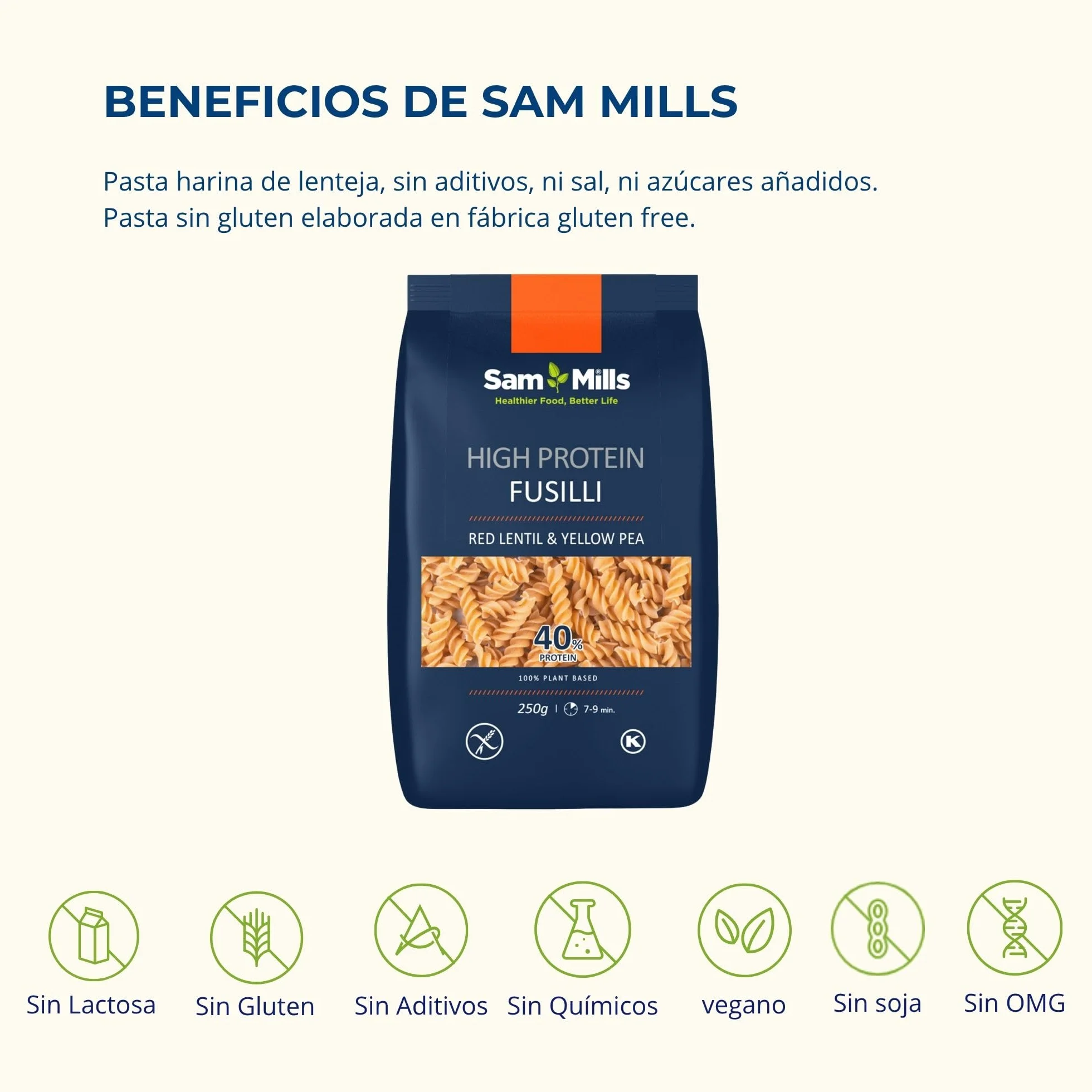 Sam Mills - Fussilli de Lenteja Roja y Guisante Amarillo - 250 g - Sin Gluten - Ideal para Dietas Veganas - Pasta de Legumbres - Alto Contenido en Fibra y Proteína
