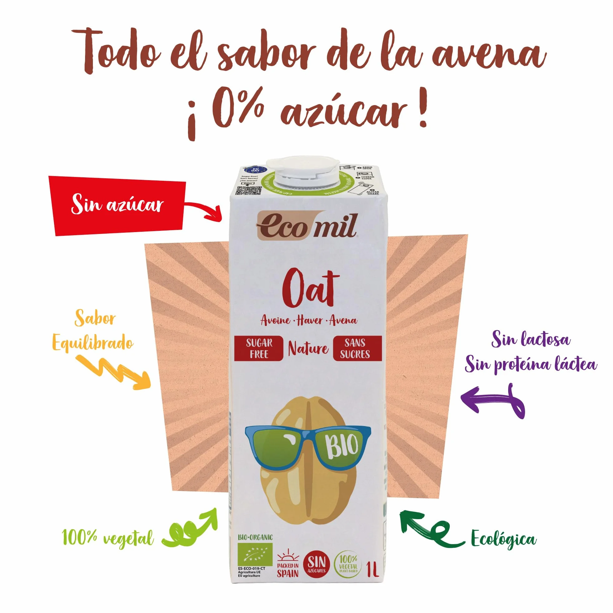 Ecomil - Bebida de Avena Bio 1 L, Sin Azúcares Añadidos ni Edulcorantes, 100% Vegetal, Sin Lactosa, Alternativa a la Leche de Vaca, Ideal para Café, Desayunos y Recetas Saludables