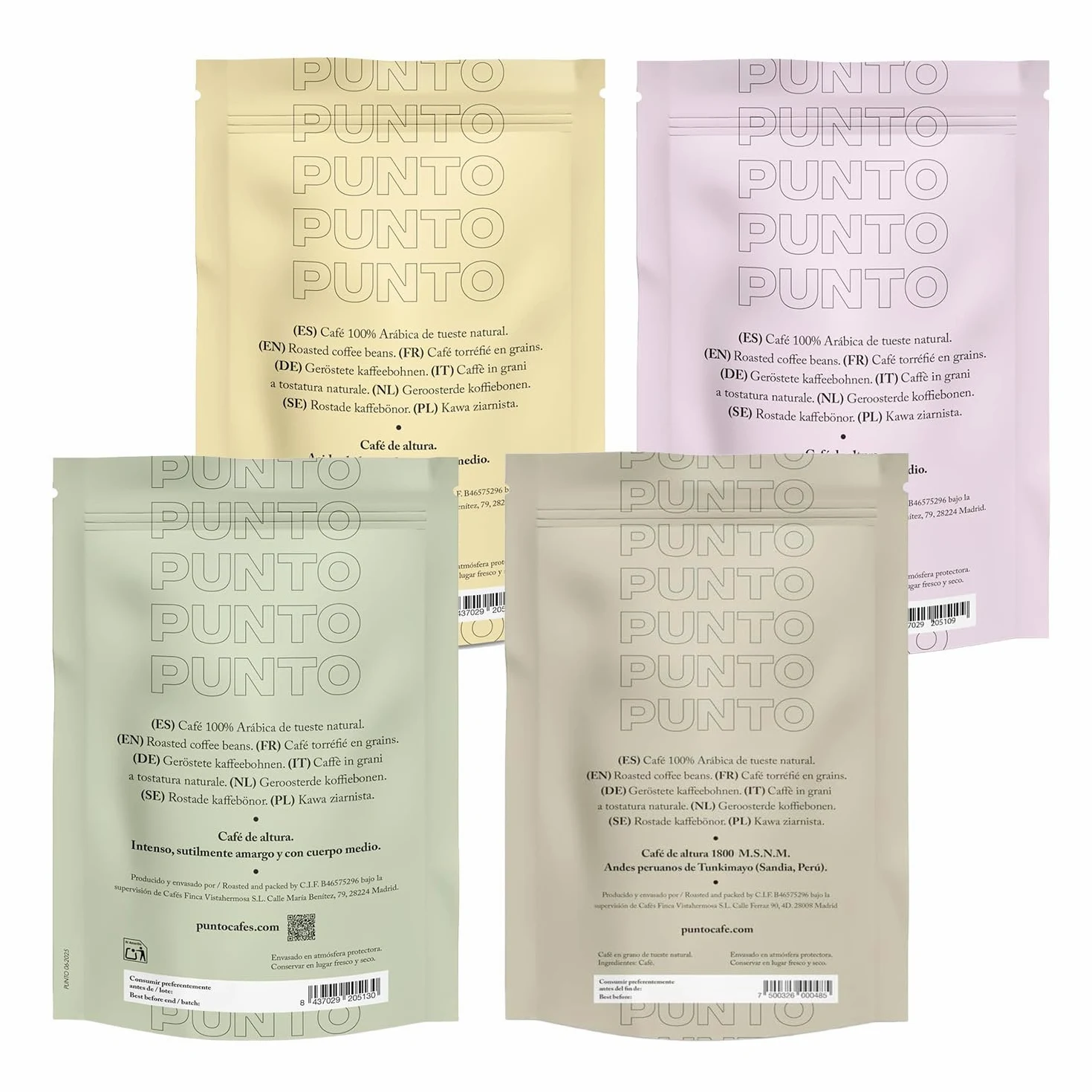PUNTO - Pack Cafe de Especialidad en Grano 4x250g - Punto BLEND + Perú + Etiopía + Colombia - 100% Arabica - Tueste y Cuerpo Medio - Intensidad 5-7/10