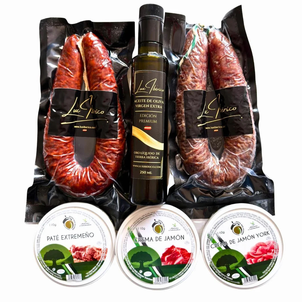 Cesta Regalo Galileo - Embutidos, Patés Extremeños y Aceite de Oliva | Chorizo y salchichón ibérico, tres patés extremeños y aceite de oliva virgen extra. Aperitivo variado listo para regalar.