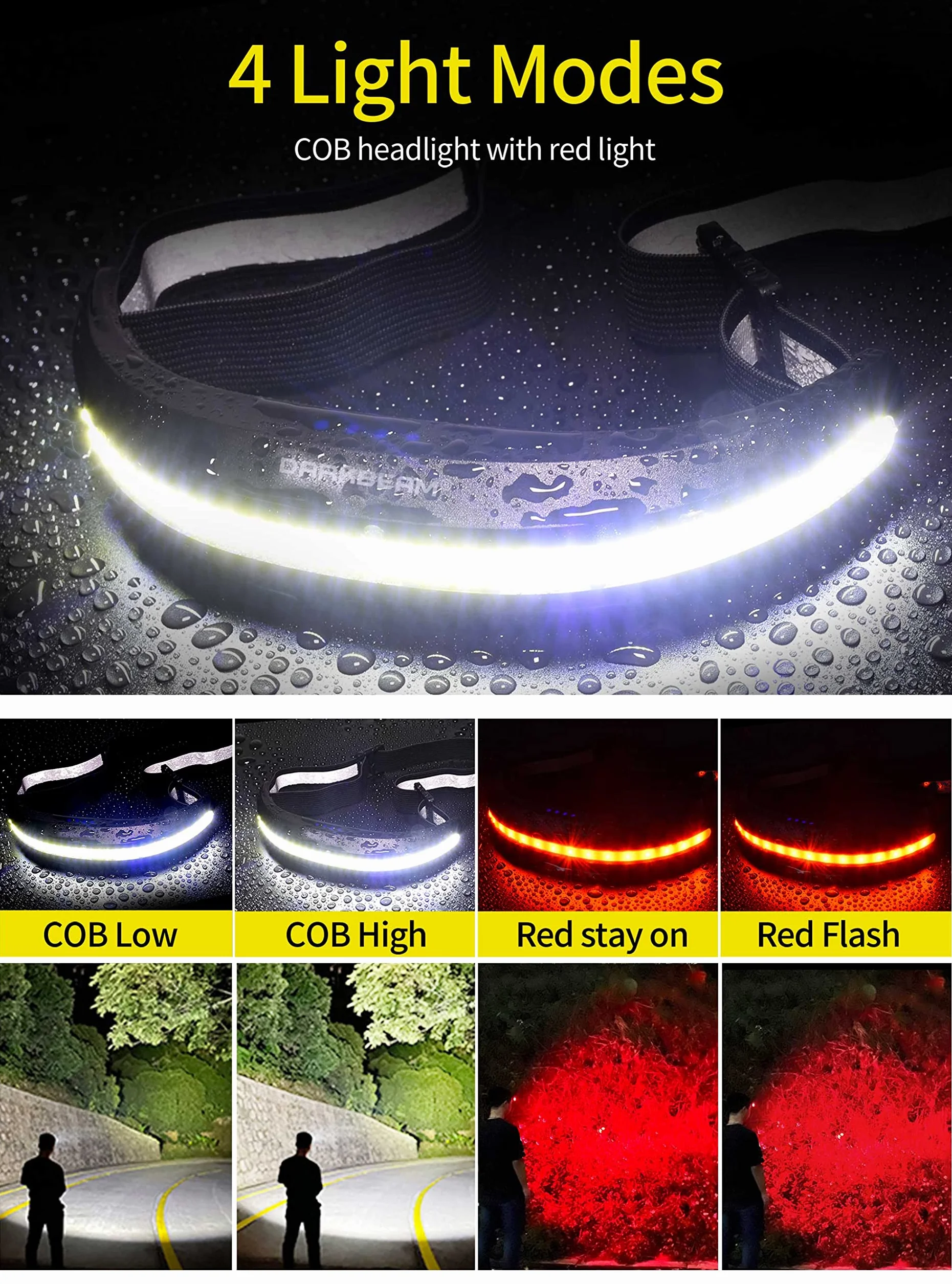 DARKBEAM Linterna Frontal LED Recargable USB COB, Luz Roja, 230°, para Casco Pesca Camping Mantenimiento