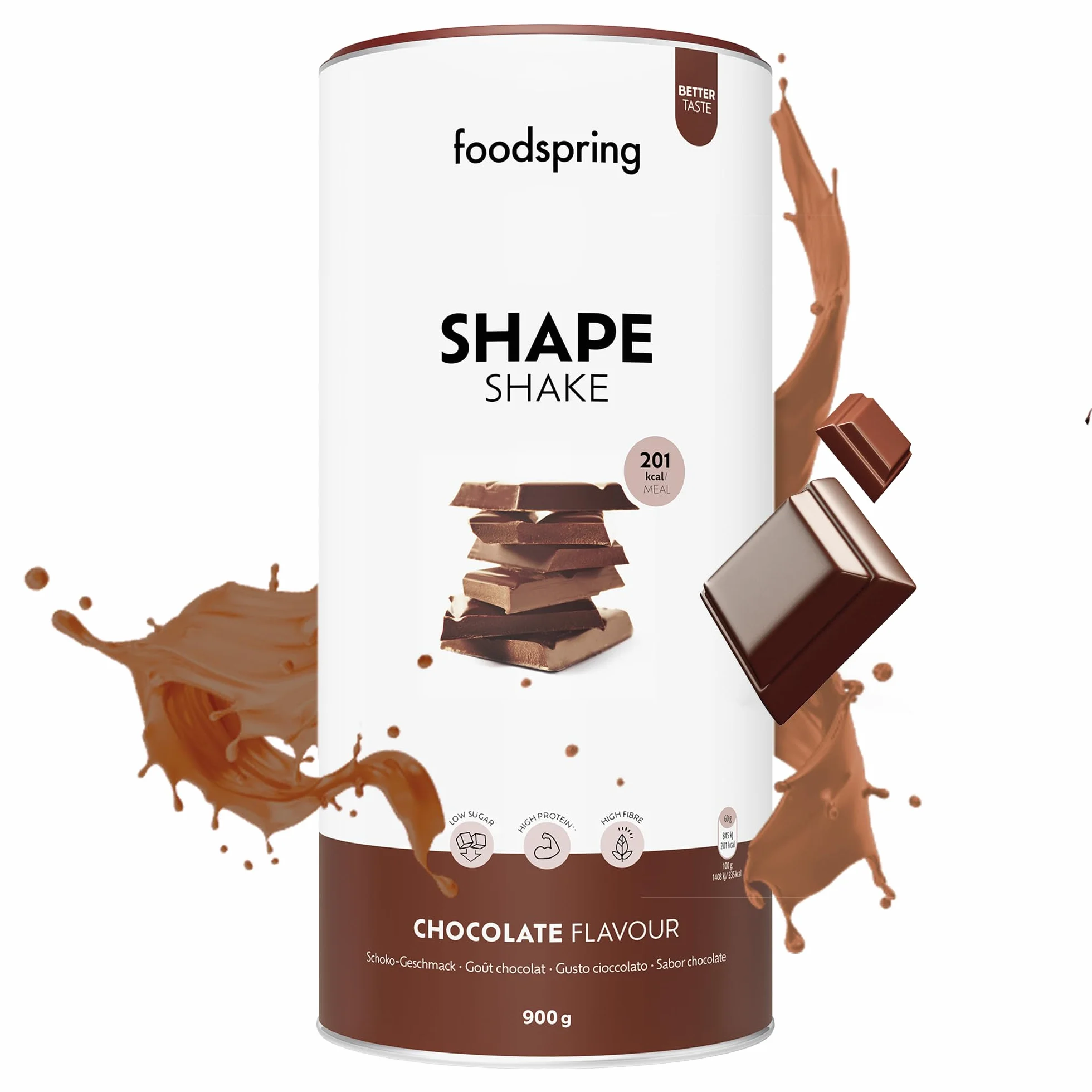foodspring Shape Shake Chocolate - batido completo, sustitutivo de comida con proteína premium para controlar el peso, 201 kcal por ración, sin gluten - 900g