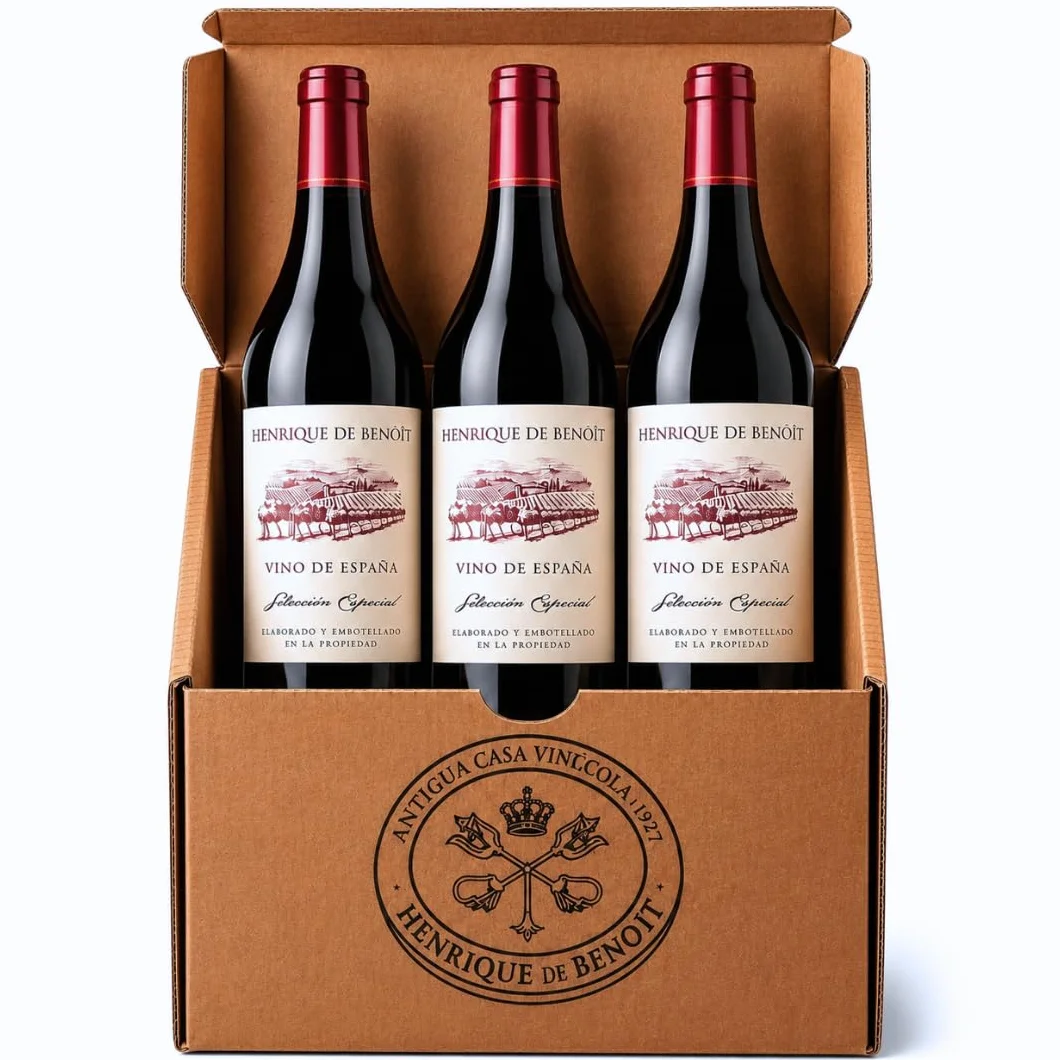 Henrique de Benoît® Vino Tinto Premium Reserva 2020 Pack 3 Botellas 750 ml | Tempranillo 45% Syrah 45%, Graciano 10% | 12 Meses Barrica + 5 Años Botella | Regalo Gourmet Vino Tinto Campiña - Madrid