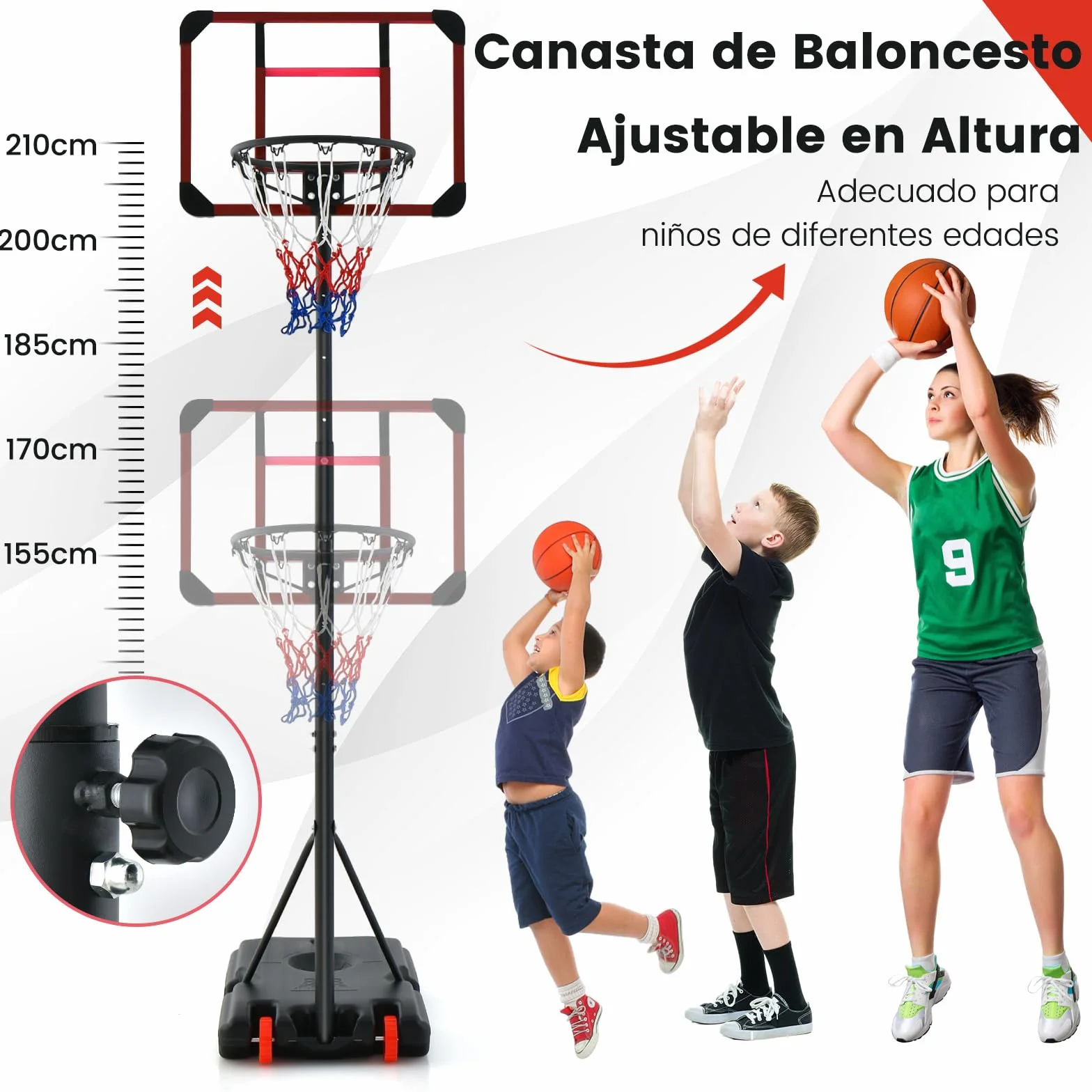 COSTWAY Canasta de Baloncesto Altura Ajustable 193-248 cm Rellenable de Arena y Agua Móvil con Ruedas Portátil PC Interior Exterior