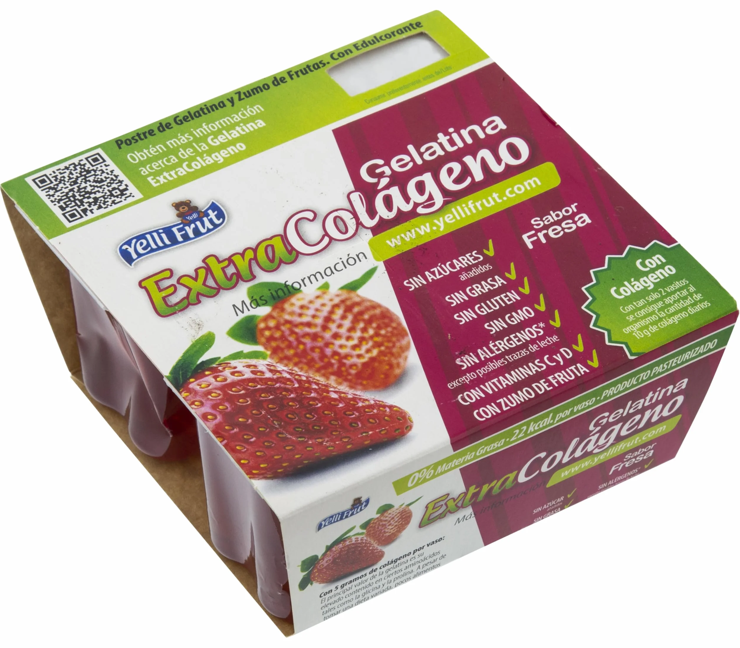 Extra Colágeno Fresa. Postre de Zumo de Frutas y Gelatina. Sabor Fresa en tarrina de 100 gramos. Pack de 12x4 = 48 tarrinas. 8g de colágeno mejora la flexibilidad y función de las articulaciones