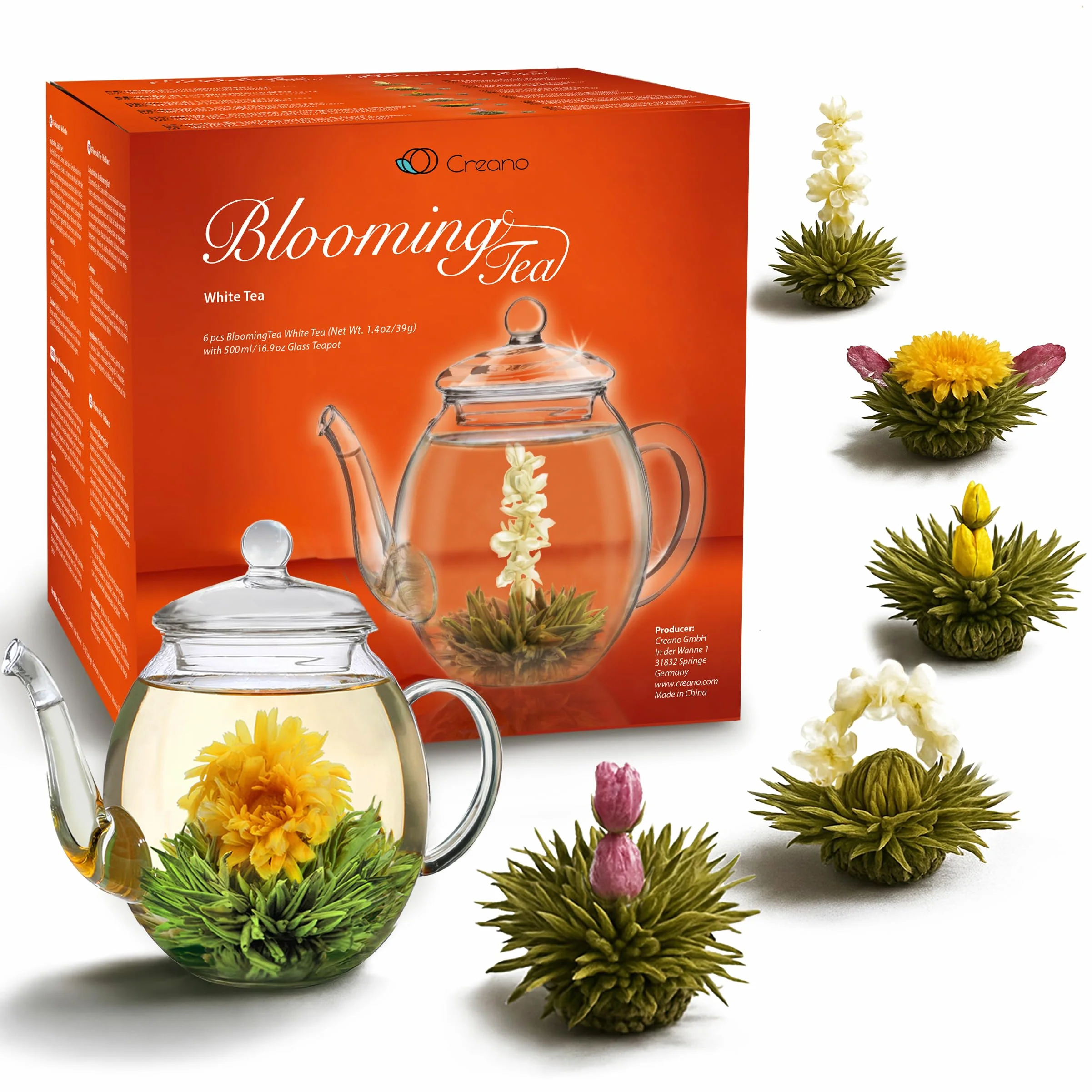 Creano Set de Flores de Té Blanco 6 uds y Tetera de Vidrio 500ml Antigoteo – Experiencia de Bienestar y Relax – Té Blanco Suave de Calidad Artesanal