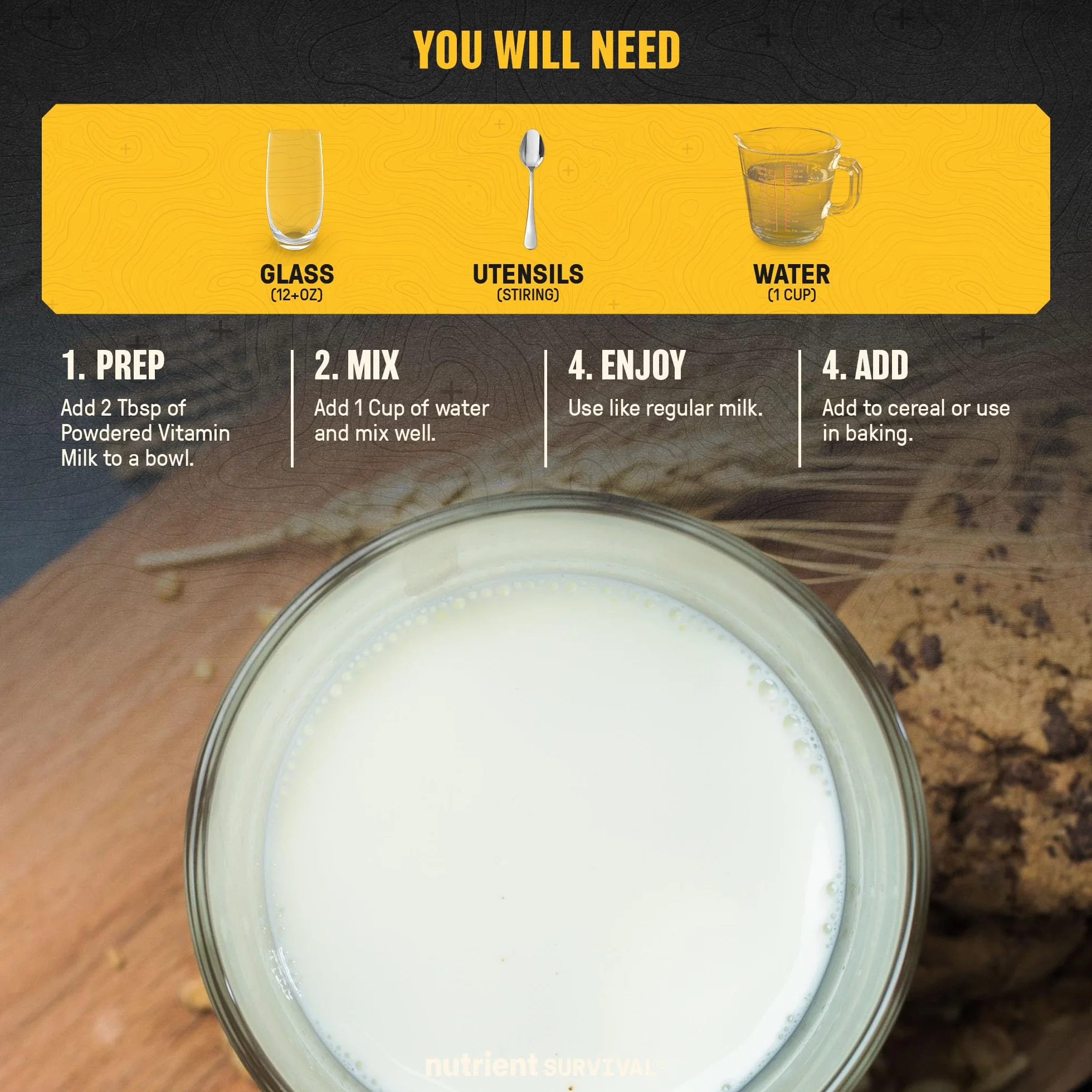 Nutrient Survival Leche en polvo con vitaminas, suministros de preparación liofilizados y suministro de alimentos de emergencia, 21 nutrientes esenciales, sin soja ni gluten, estable hasta 25 años