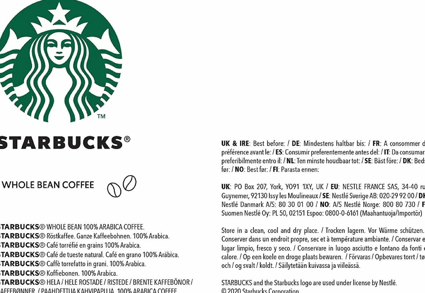 STARBUCKS Espresso Roast Café De Grano Entero De Tostado Intenso, 200g (Paquete de 6)