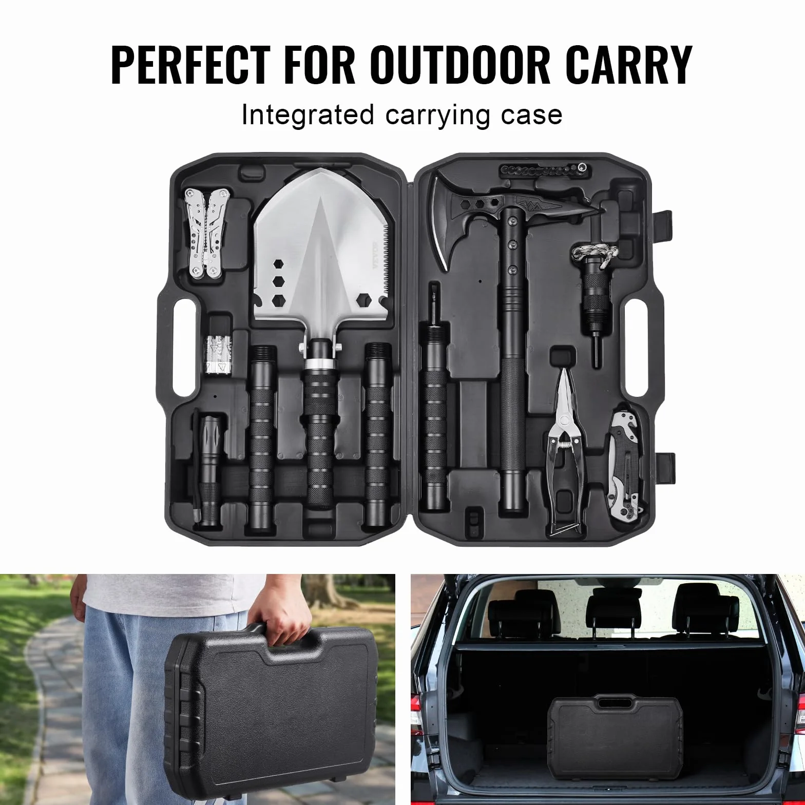 VEVOR Pala de Supervivencia 28 en 1 Hacha Plegable Acero Inoxidable para Acampar Senderismo