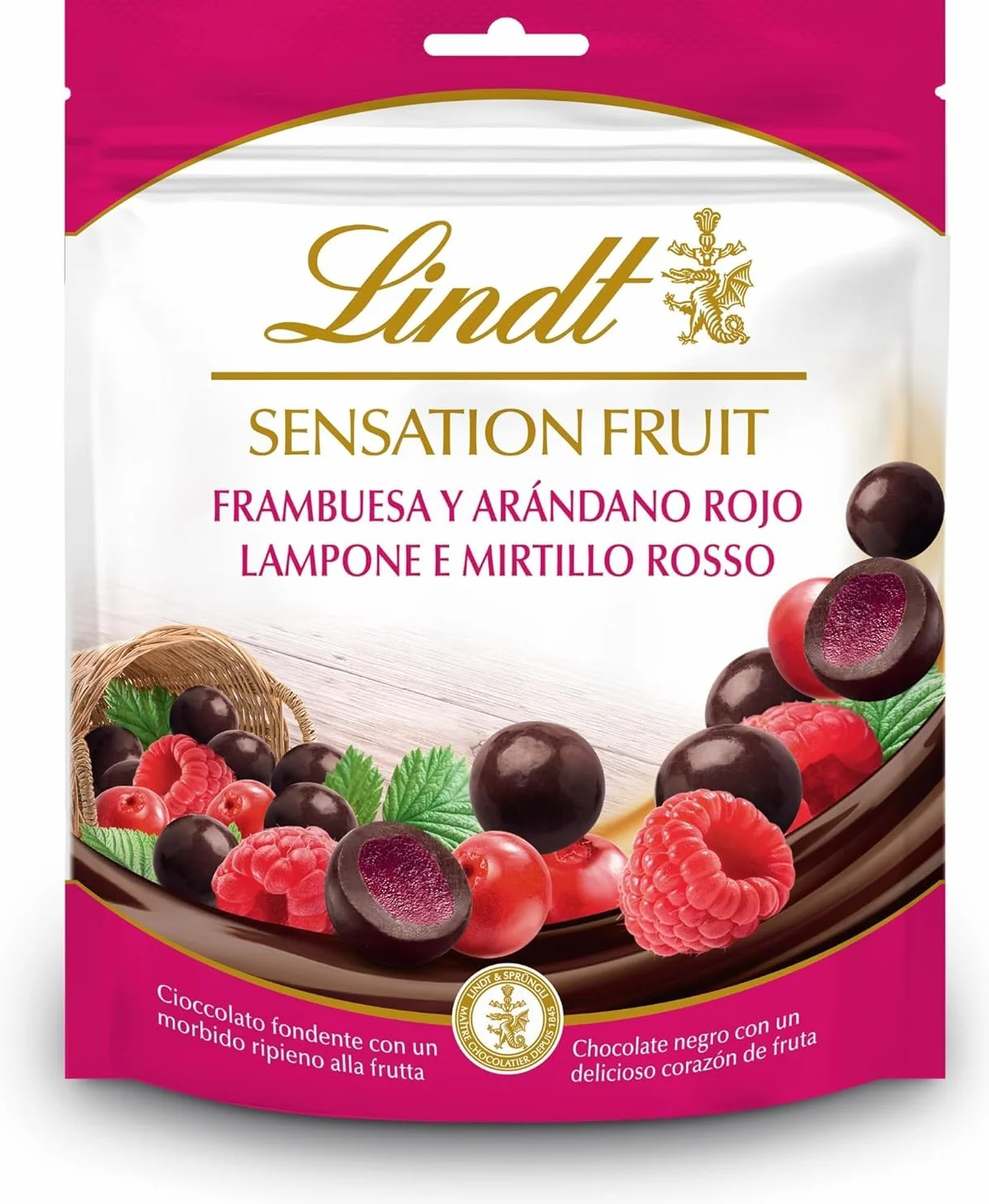 Lindt Sensation Fruit - Bolitas de Chocolate Negro con Frambuesa y Arándano Rojo, bolitas de chocolate con interior de fruta, 150gr