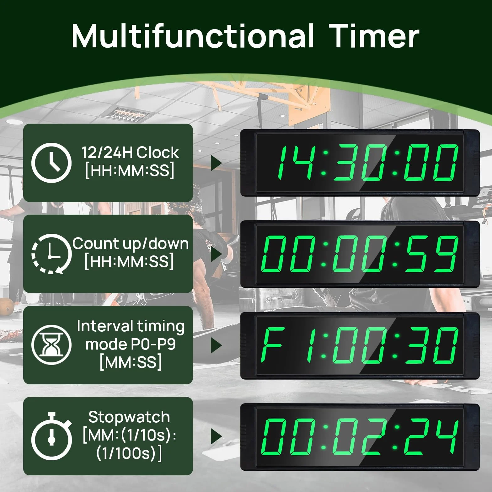 Temporizador Digital LED 12/24H con Botón Cronómetro, Cuenta Regresiva/Up, Reloj Pared Grande, Deportivo Portátil