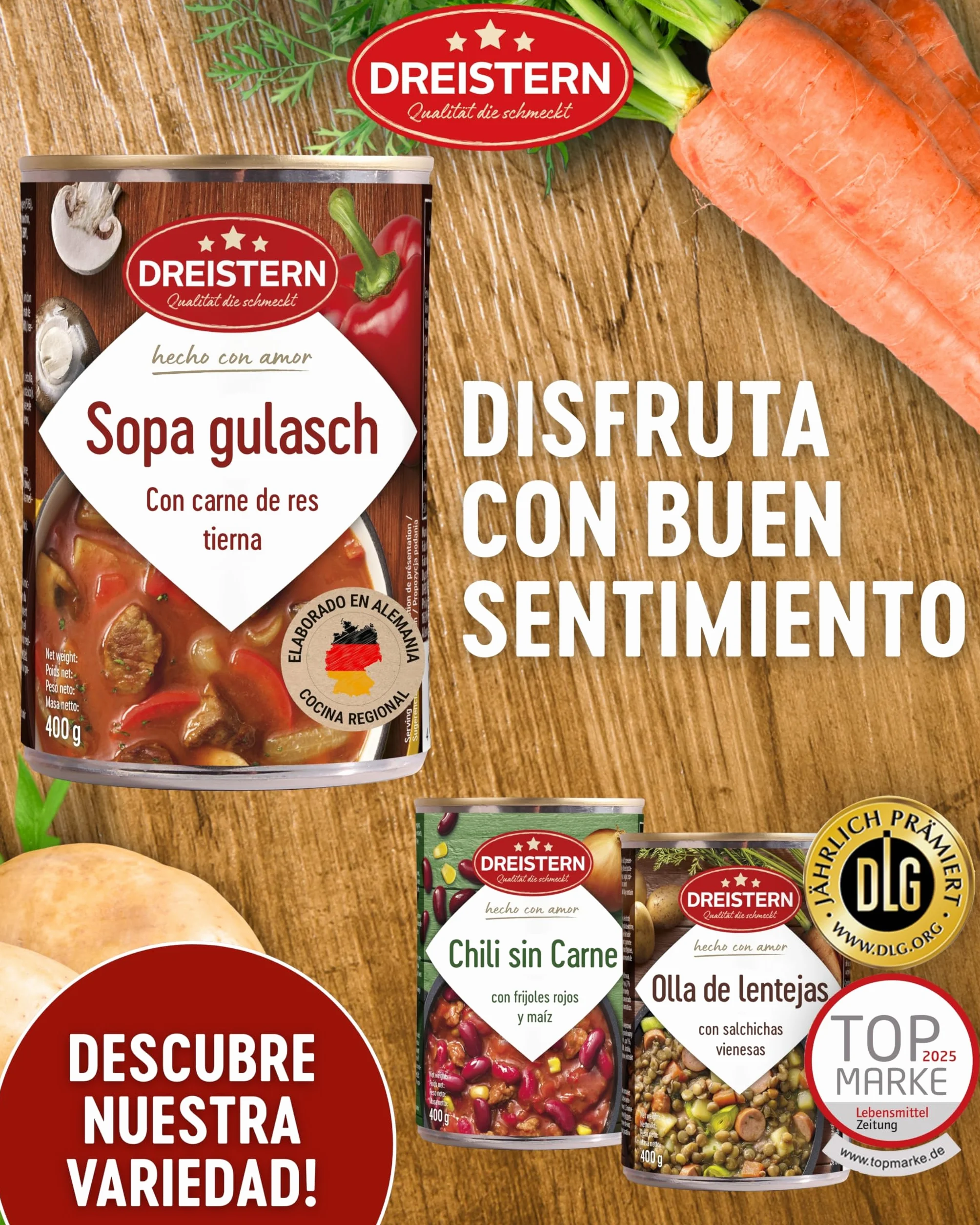 DREISTERN Sopa de Gulash Picante 400 g I Con carne de res tierna & verduras I Guiso picante en lata reciclable I Larga duración gracias a la conservación natural I Calidad casera