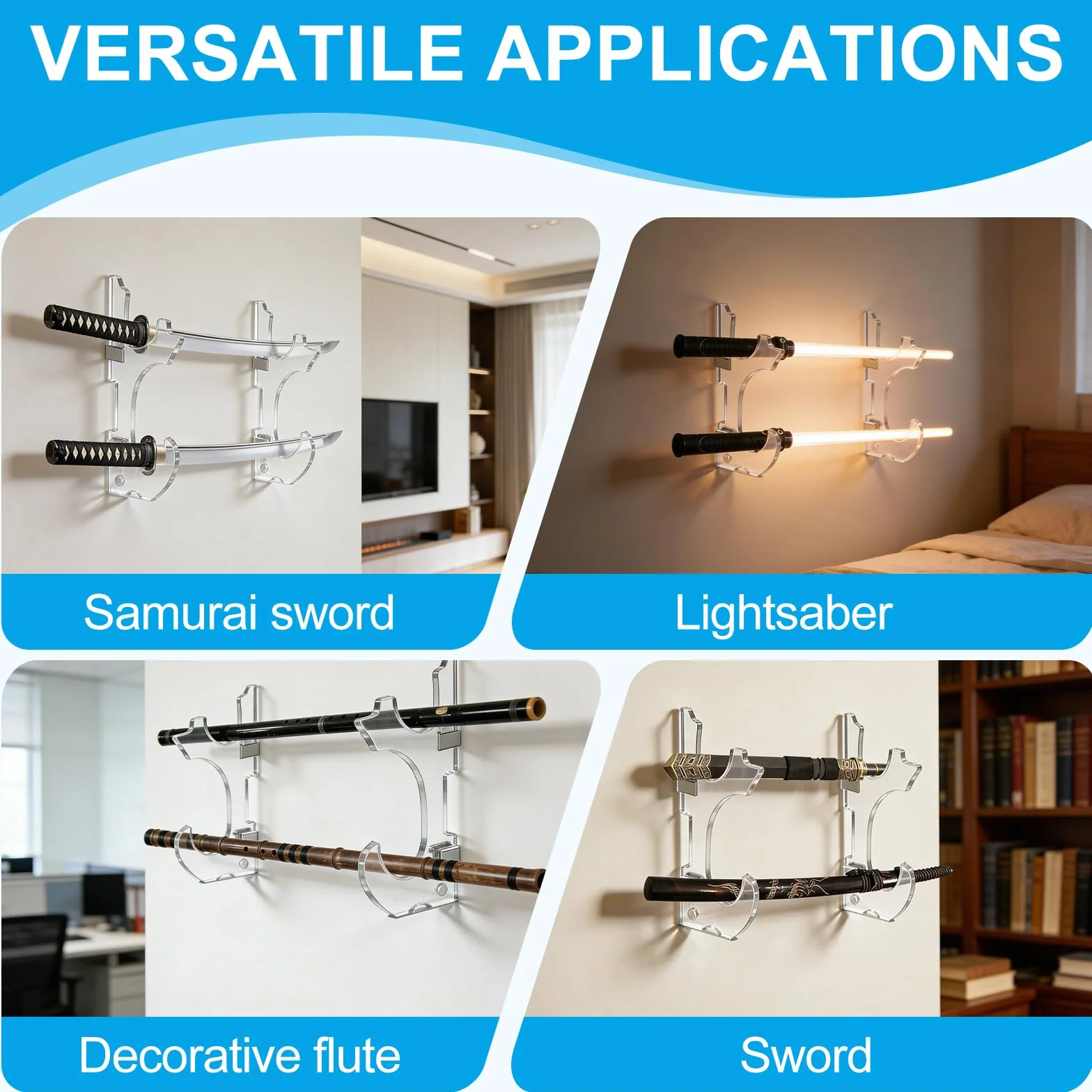 Soporte Katana Pared 2 Niveles Expositor de Acrílico Transparente para Katanas Real Sable Samurai