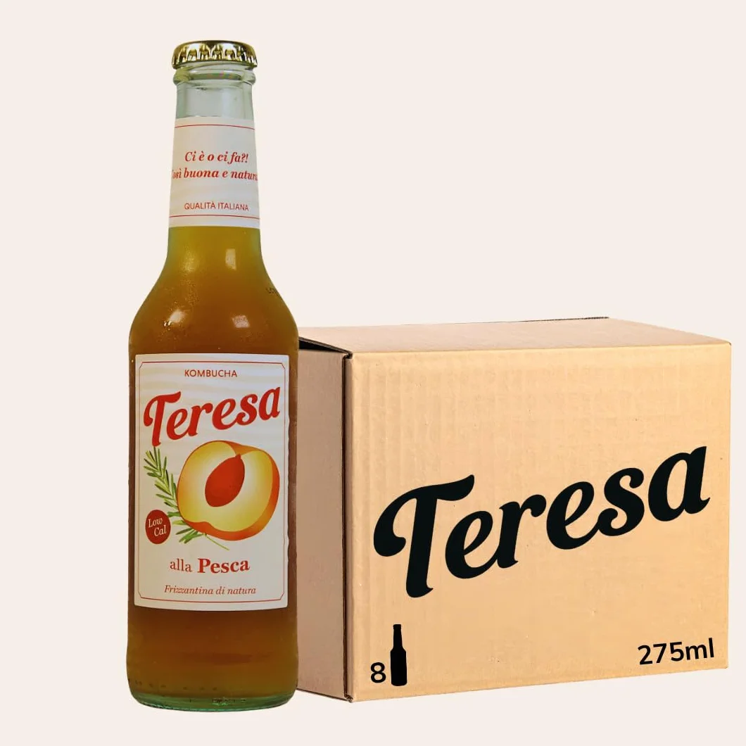 Teresa Kombucha Espumoso con Postbióticos – Bebida Fermentada Natural Pasteurizada – Alternativa saludable y sin alcohol – Botella de 275ml – Sabor a melocotón – Made in Italy