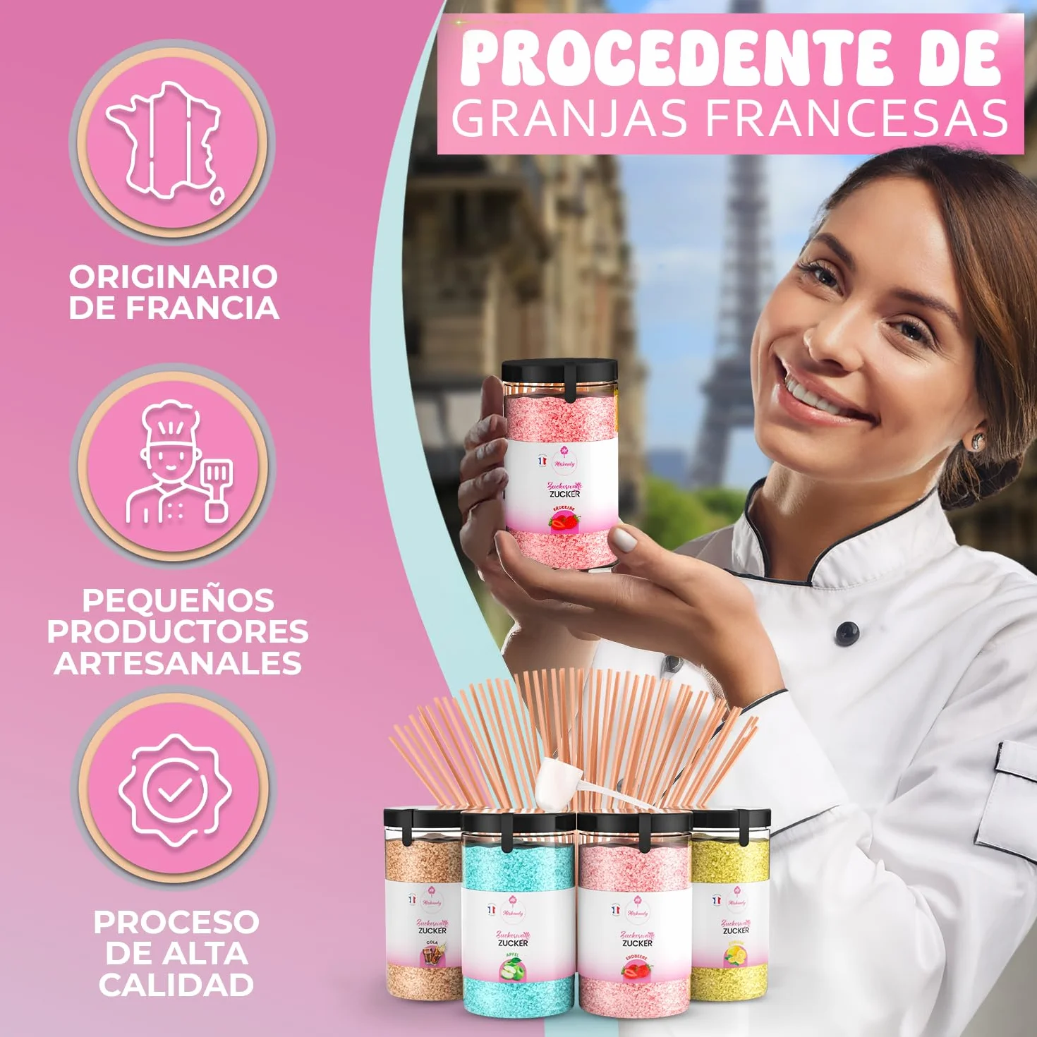 Misskandy® algodón de azúcar para máquina- Pack de 4 * 240Gr - (Sabores Naturales): Sabores: Fresa/Manzana/Cola/Limón + 50 palitos (gratis)