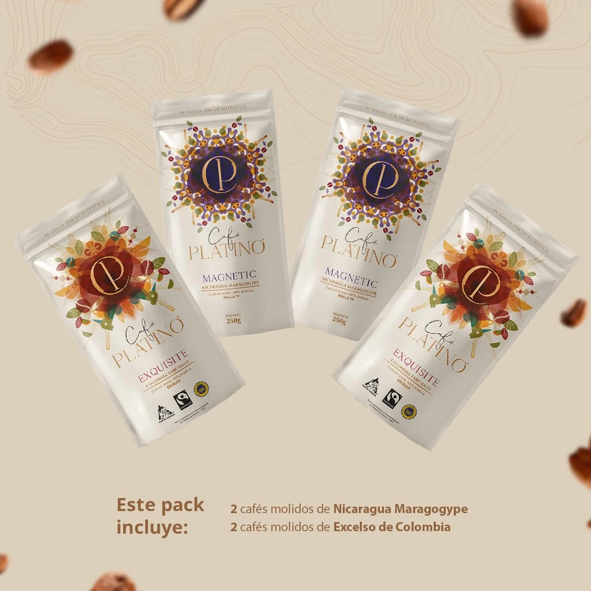 Café Platino - Pack Surtido Cafés de América 4 x 250g - Café en Grano Natural de Colombia Fairtrade y Nicaragua Maragogype - 100% Arábica