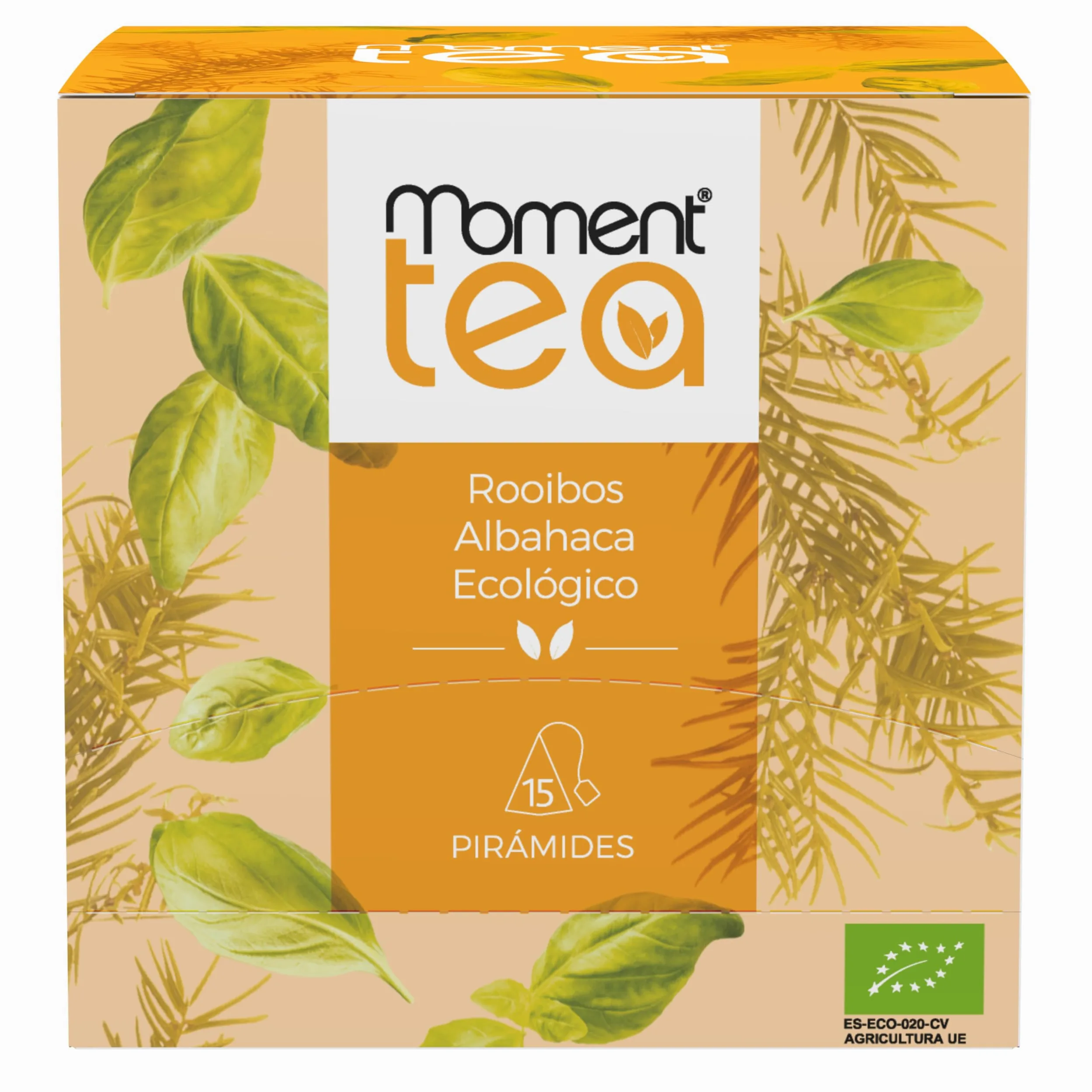 Moment Tea- Infusión Rooibos Albahaca Ecológico estuche de 15 pirámides de 2g (Paquete de 5)