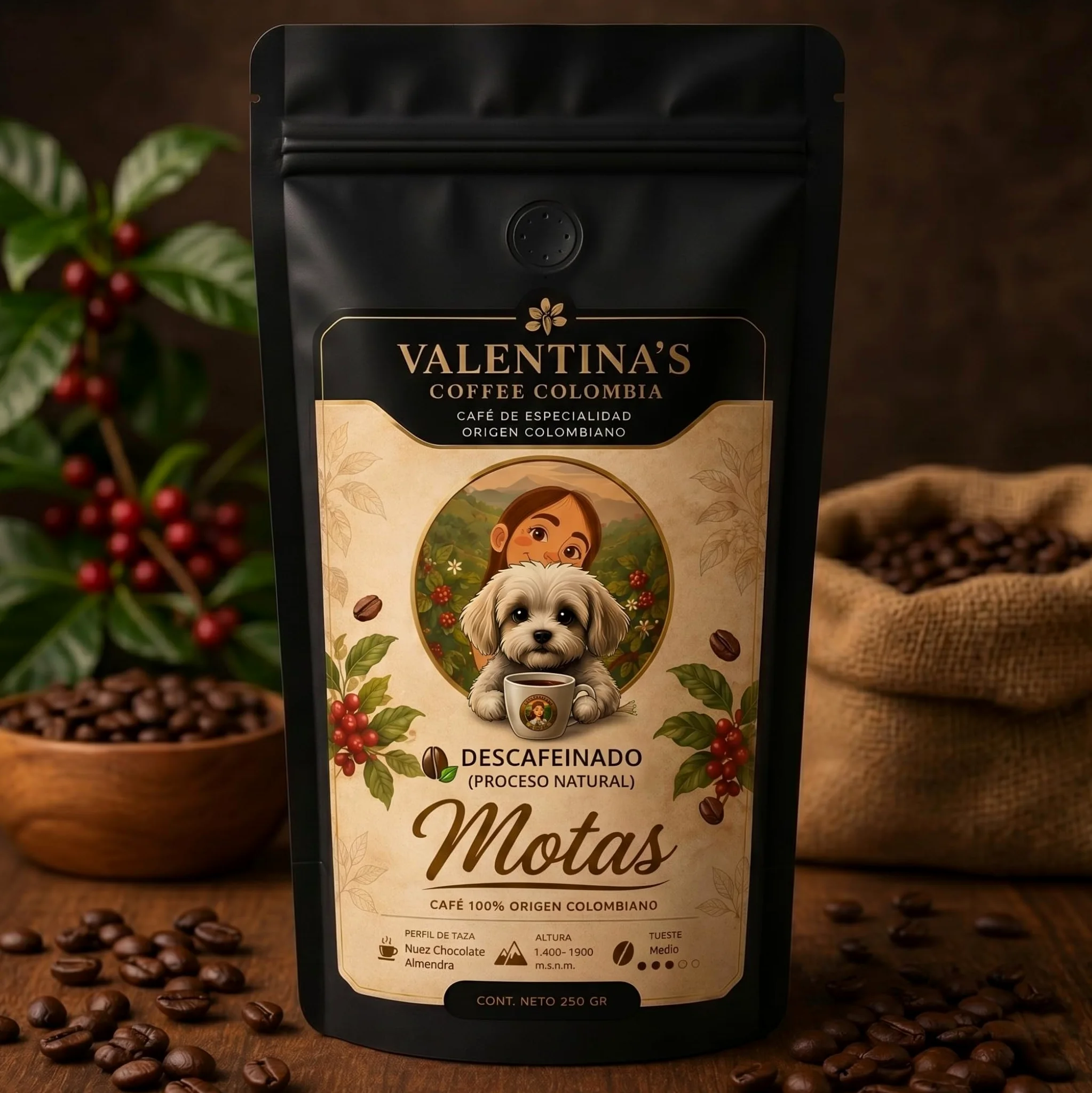 Valentina's Coffee | Motas | 1000 gr | En Grano | Sabor Chocolate. con notas de nuez y almendra | Intensidad Media | 100% Café Colombiano de Especialidad