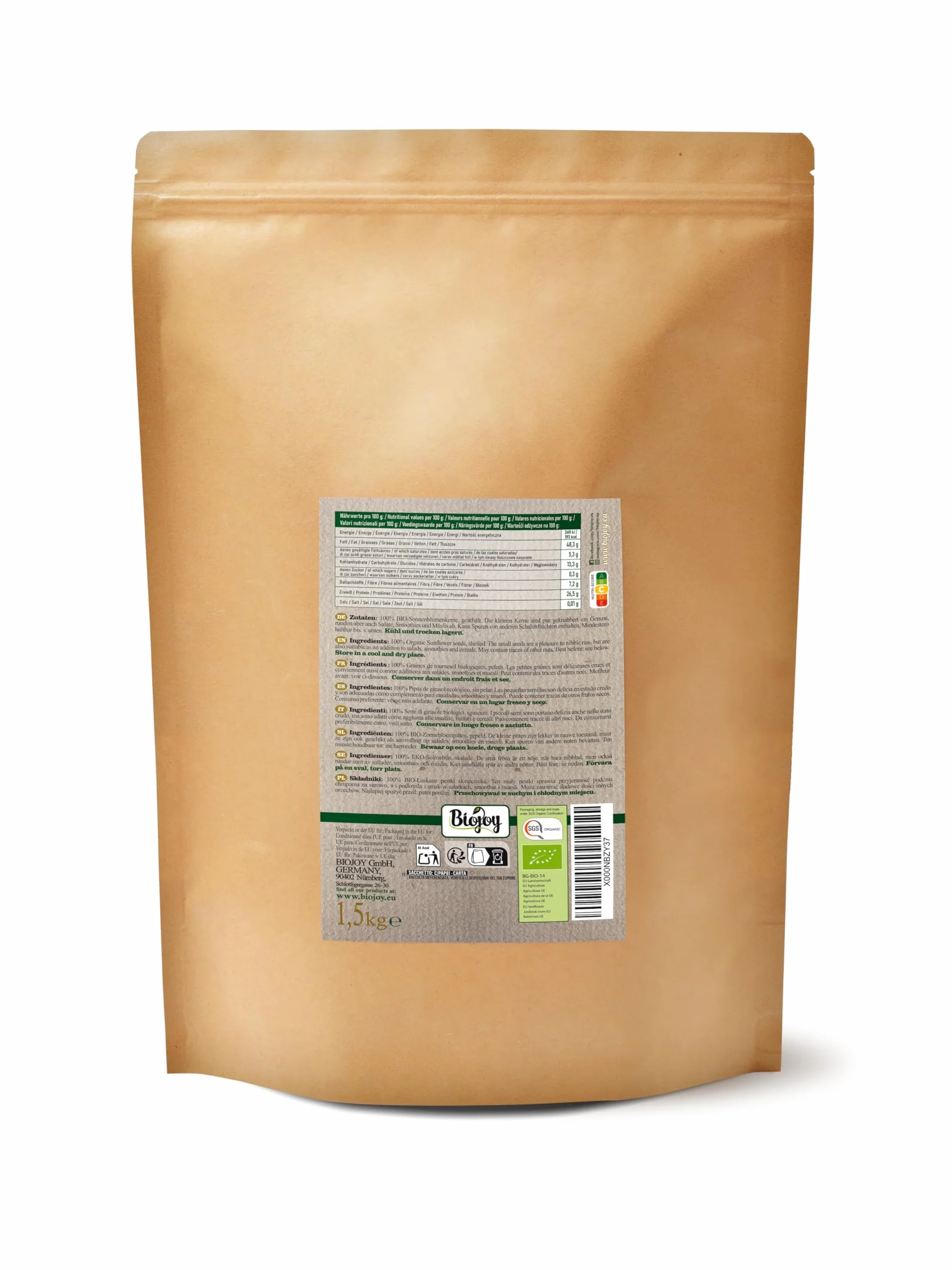 Biojoy Semillas de Girasol Orgánicas (1,5 kg), peladas, crudas y sin sal