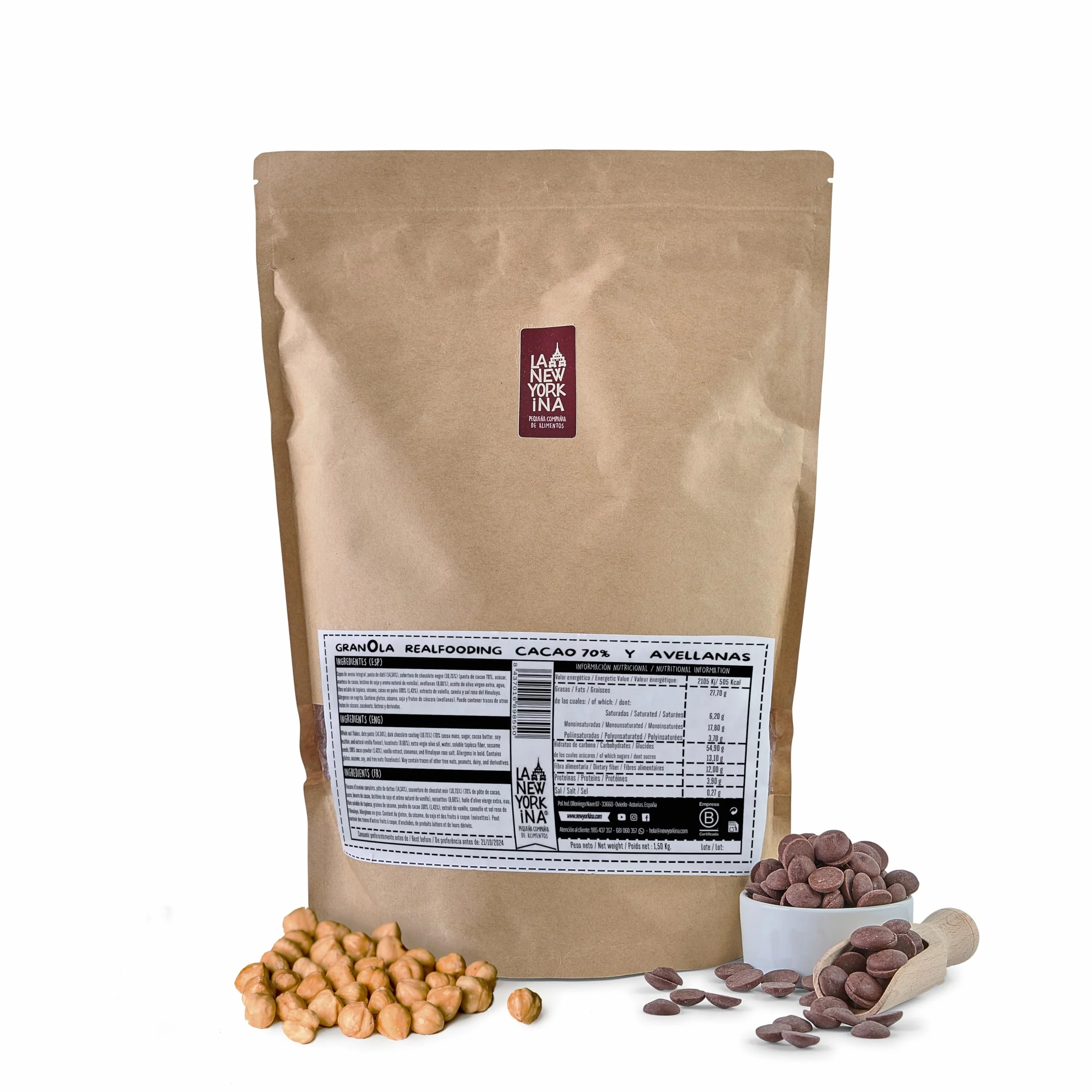 La Newyorkina Granola Real Fooding 1.5kg Con Cacao 70%, Avellanas y Pasta de Dátil