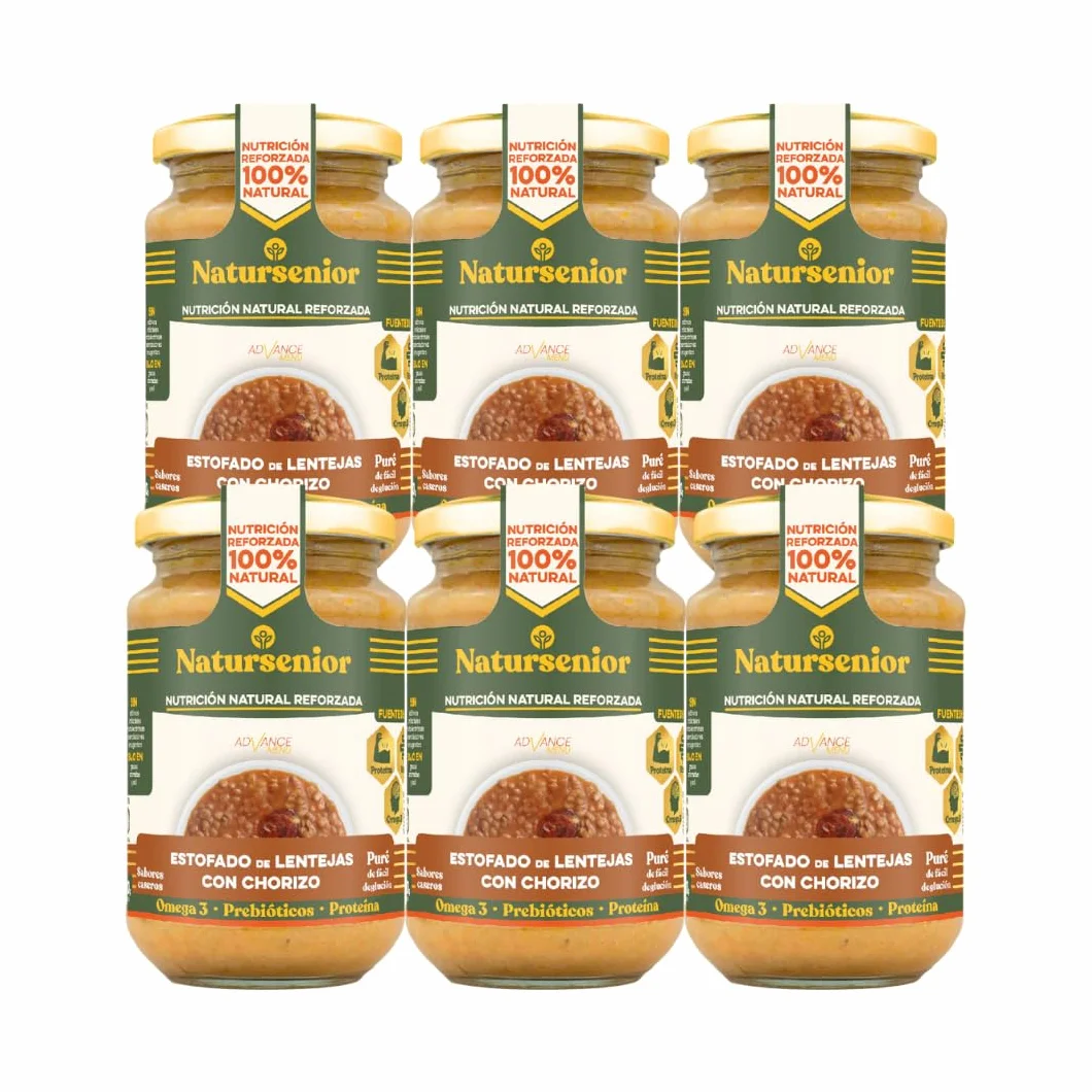 Natursenior - Comida Triturada para Personas Mayores - Pack Puré de Estofado de Lentejas con Chorizo - 100% Natural, Omega 3, Fibra, Proteína - 6 uds x 340g
