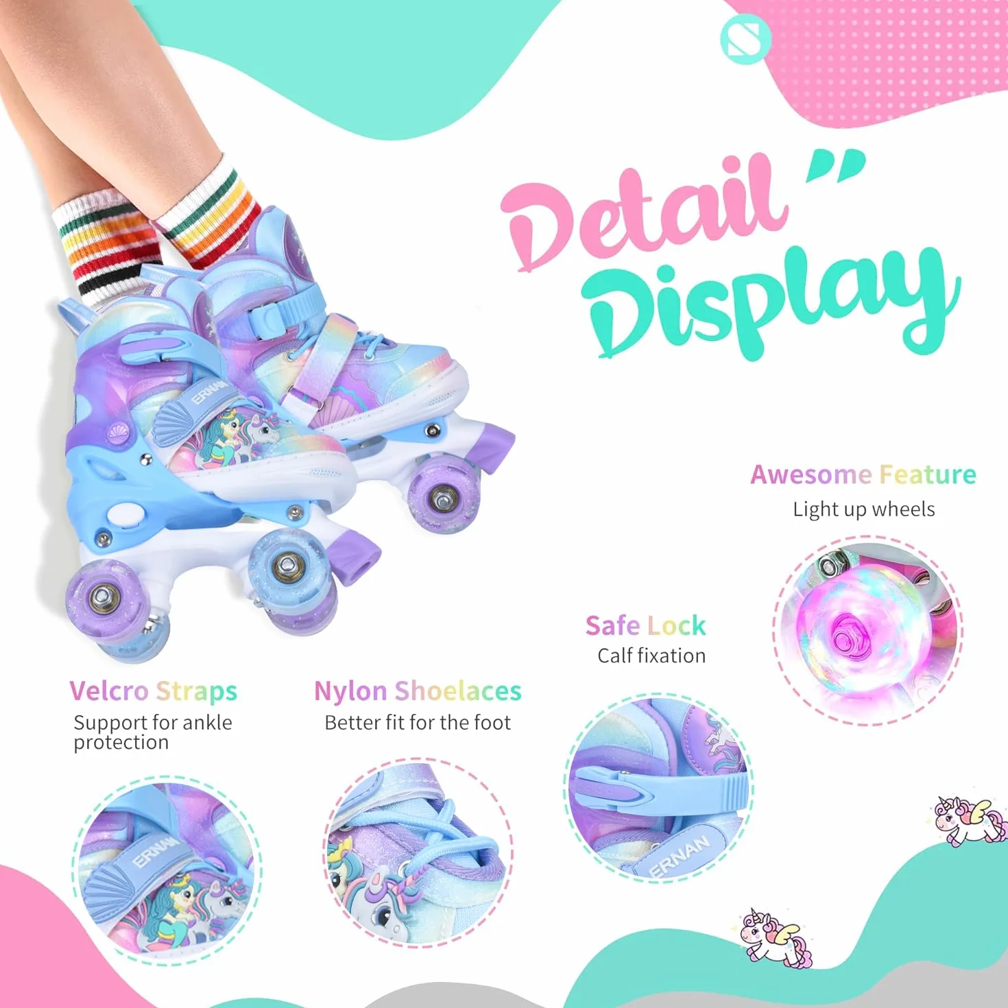 ERNAN Patines 4 Ruedas Ajustables con Ruedas Brillan Oscuridad para Niños Principiante