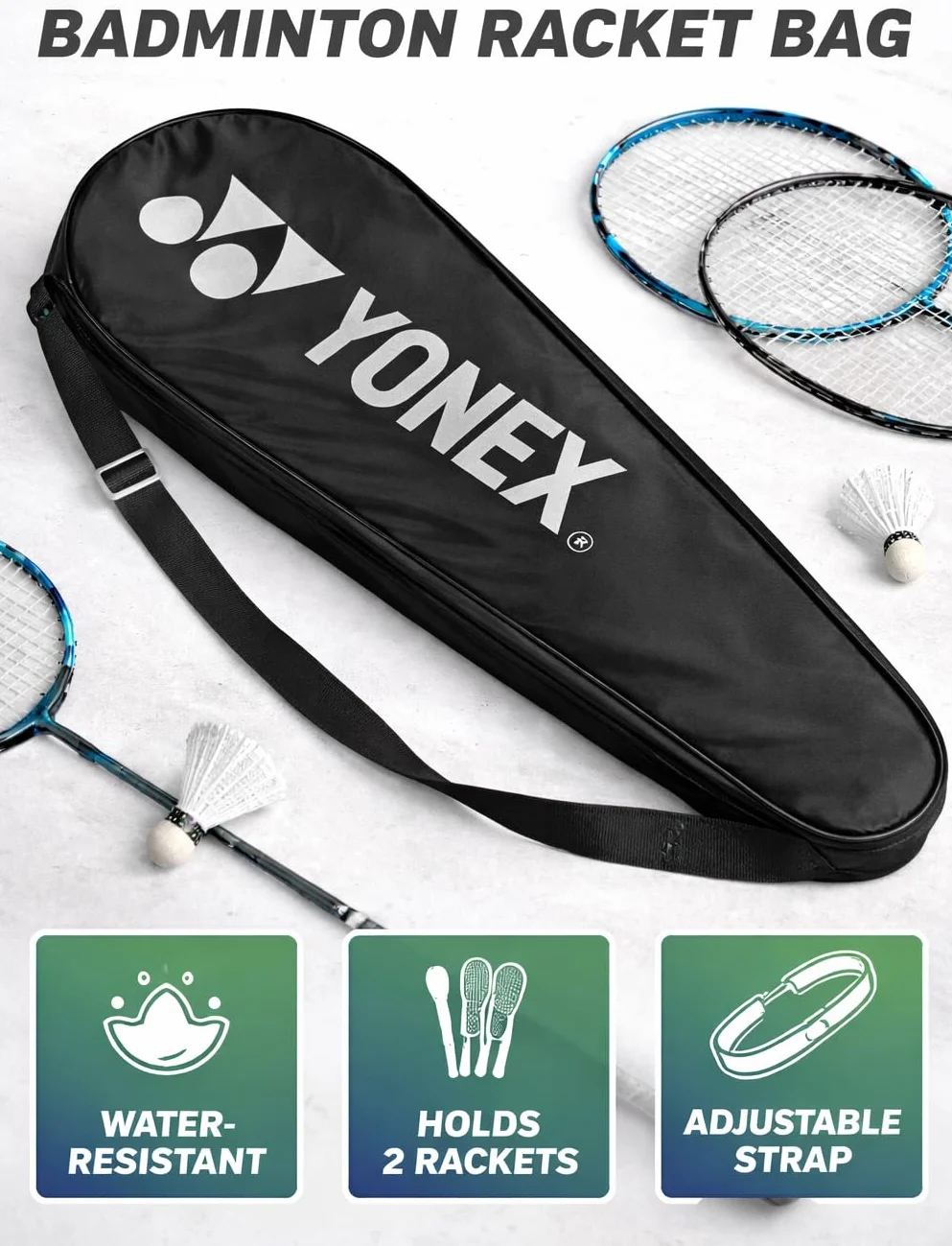 YONEX Torba na rakietę do badmintona, czarna, z regulowanym paskiem na ramię