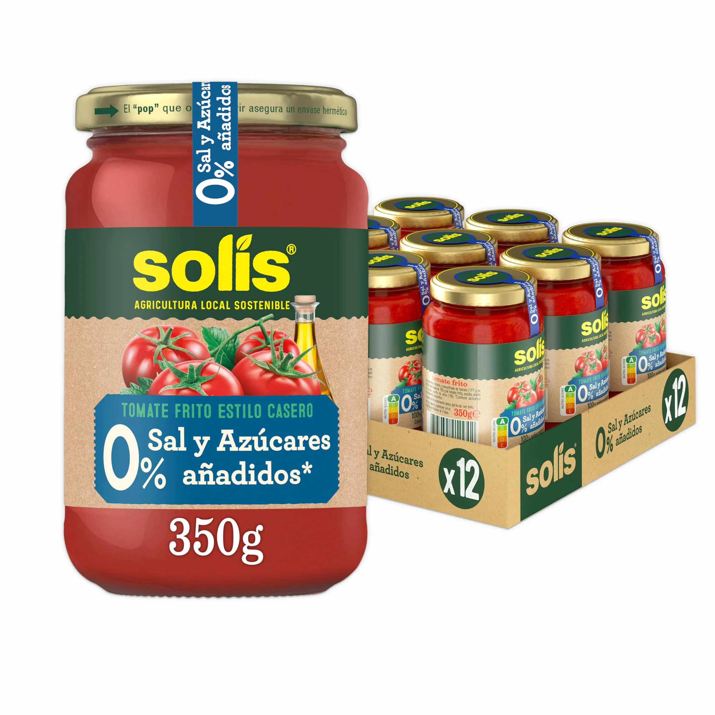 SOLIS Tomate Frito Estilo Casero 0% Sal y Azúcares Añadidos Frasco Cristal - Pack de 12 x 350 g - Tomate sin gluten