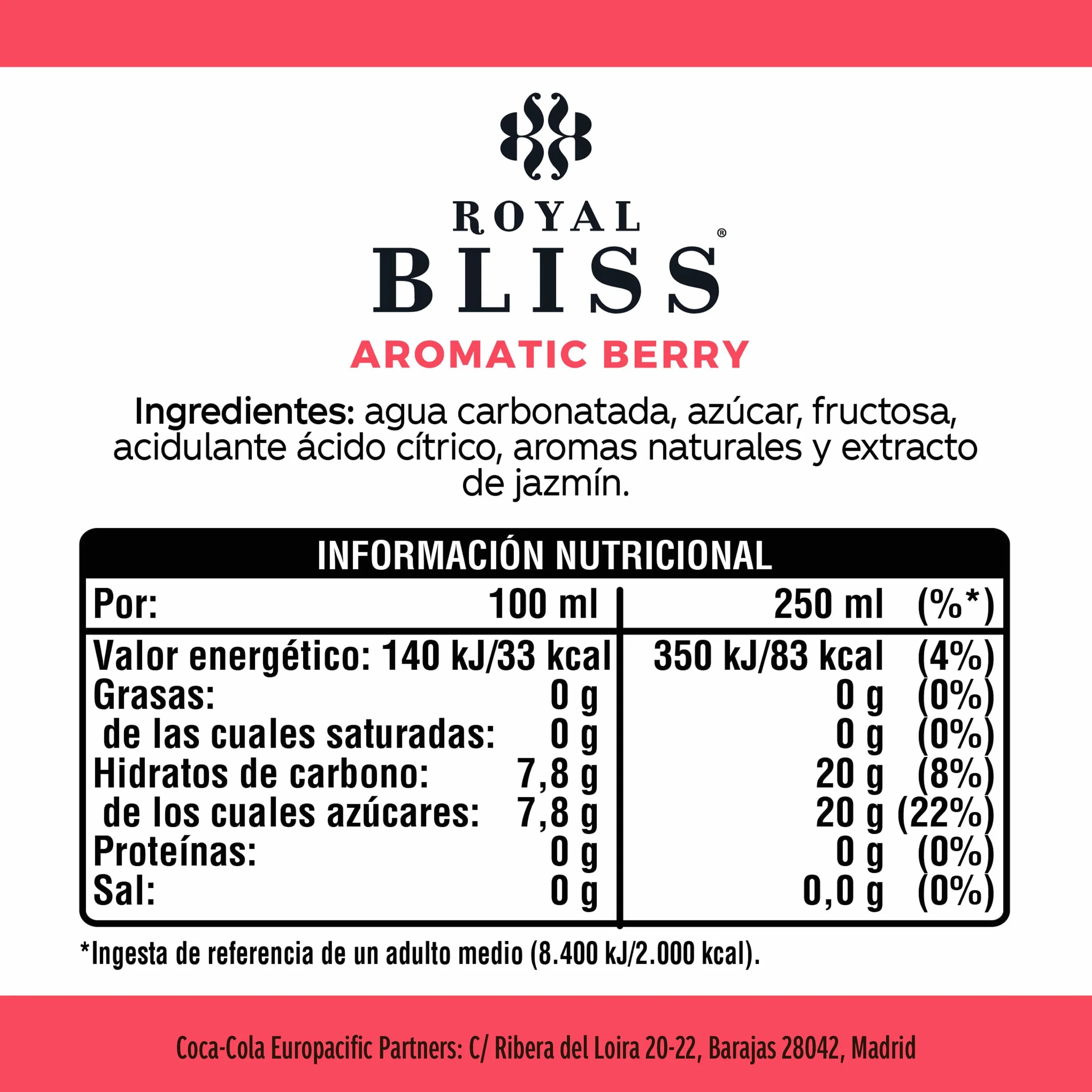 Royal Bliss Aromatic Berry ,Tónica Aromatizada y Refrescante - Pack de 12 Latas de 250 ml