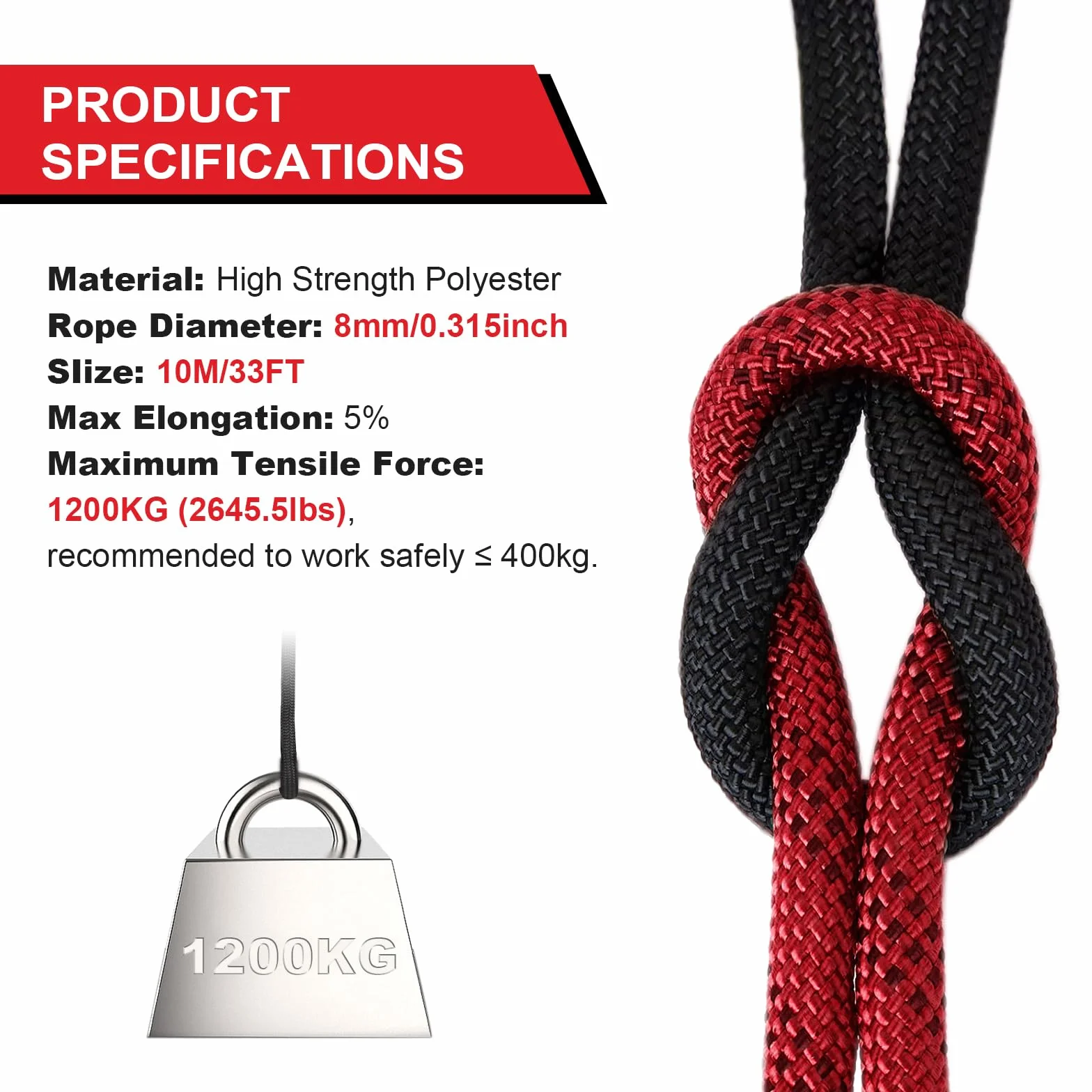 Cuerda de Escalada Estática 8mm con Mosquetones, Cuerda de Nailon Trenzada 10M