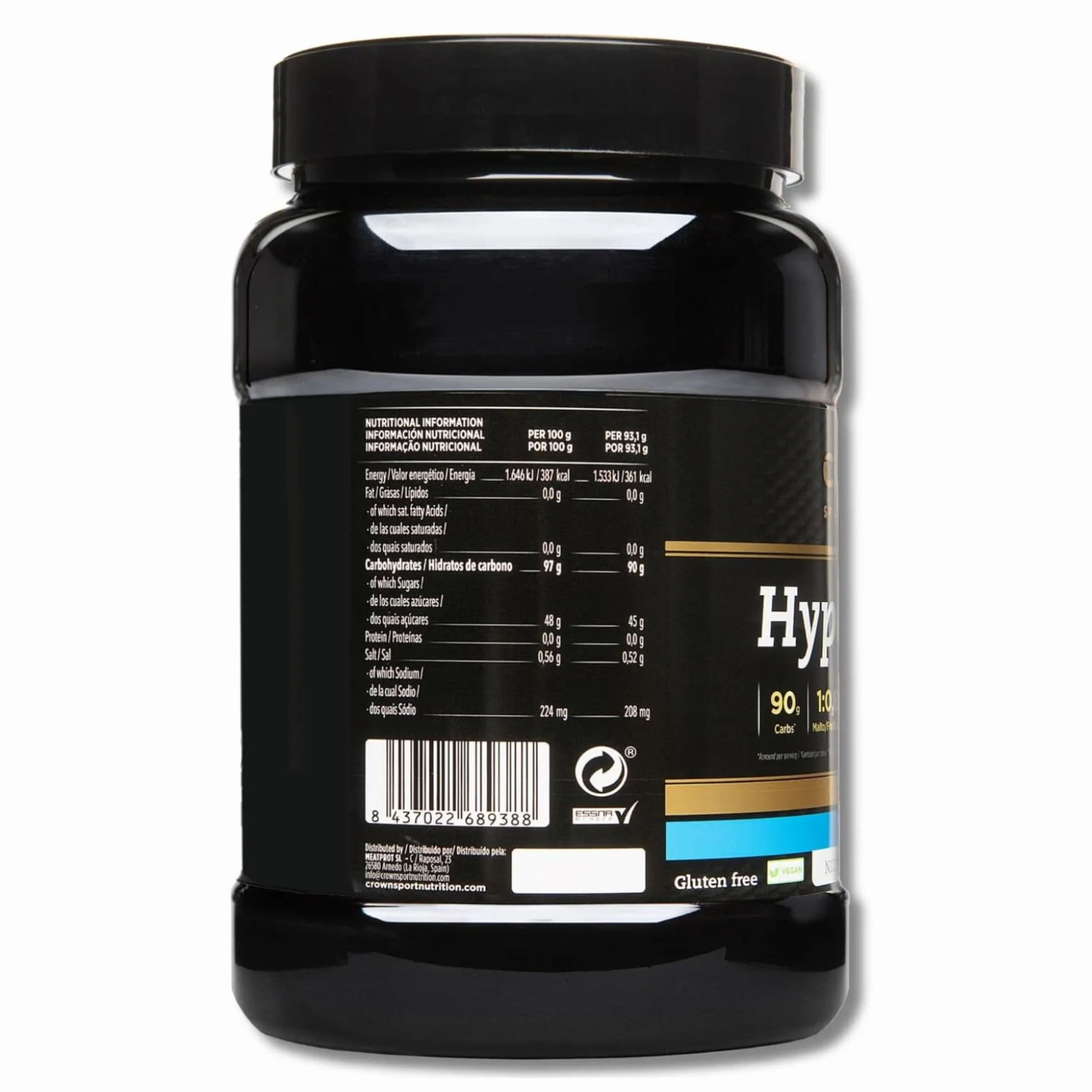 Crown Sport Nutrition HyperDrink 90 | Bebida Alta Carbohidratos 90 g en 500 ml y Sodio | Polvo Bote 1490 g 16 Tomas | Maltodextrina Fructosa Ratio 1:0,8 y Sal Marina | Sin Aditivos Sin Sabor