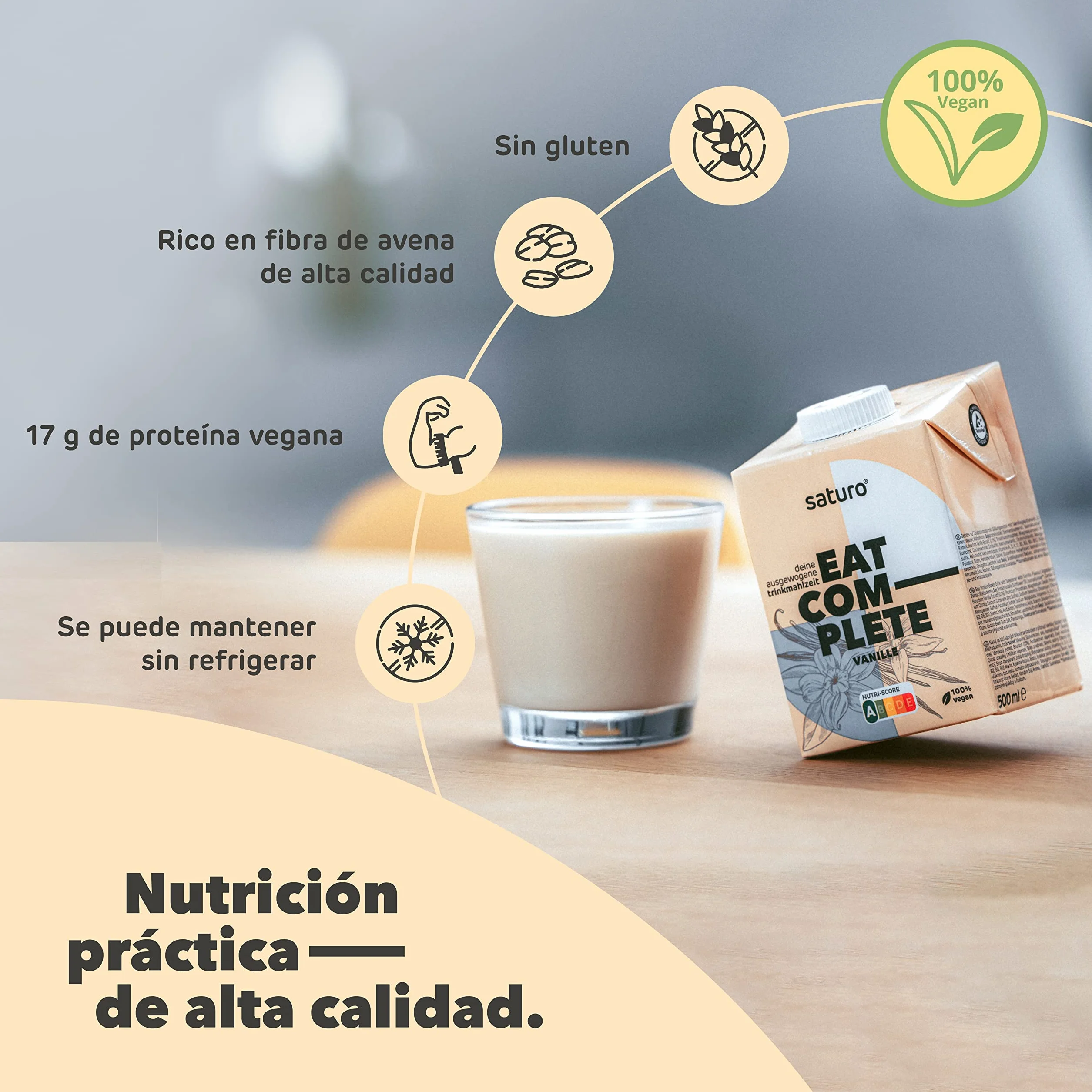 Saturo Batido de Vainilla Sustituto de Comida | Comida para astronautas con proteínas y 500kcal | Vegano | Comida bebible con nutrientes esenciales | 6 x 500 ml