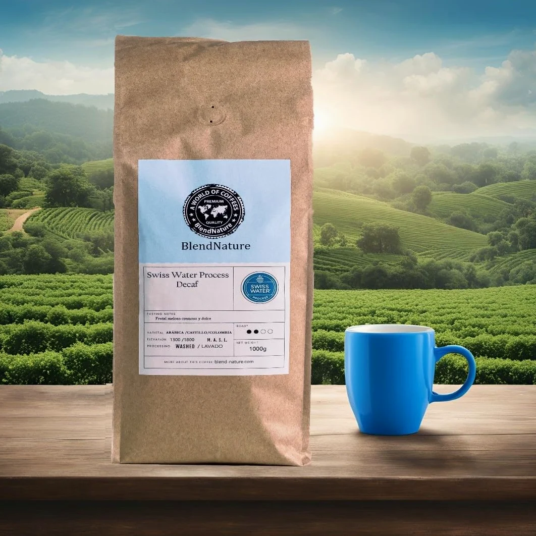 Café Descafeinado Swiss Water en Grano 1kg Natural–Procesado en Canadá utilizando únicamente agua y tiempo elimina la cafeína en un 99,9% Conserva todo su sabor–Libre de productos químicos