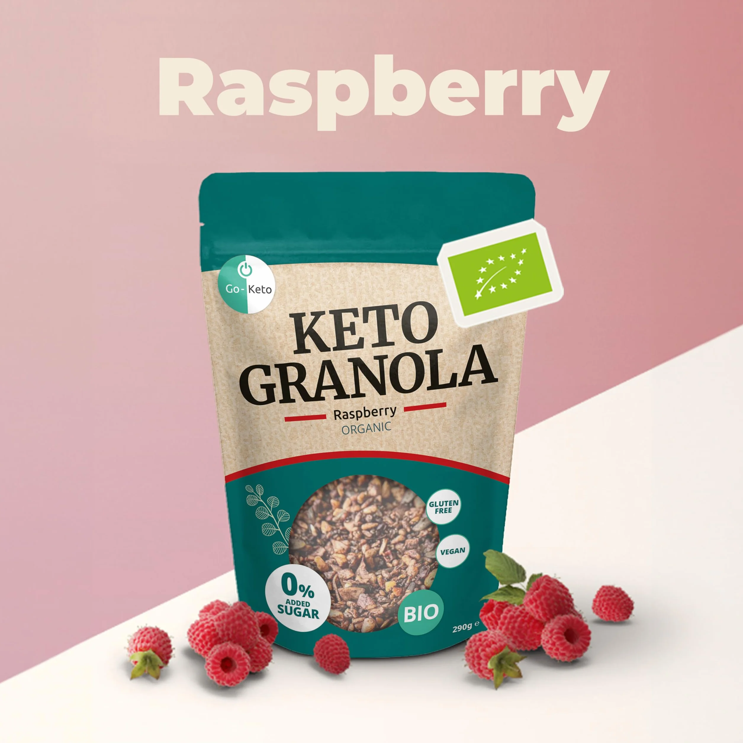 Go-Keto BIO Keto Granola Raspberry 6x 290g - Low Carb Keto Muesli para un delicioso desayuno keto, con chips de coco, nueces, frutas, semillas de girasol y de calabaza, vegan, sin gluten, sin lactosa