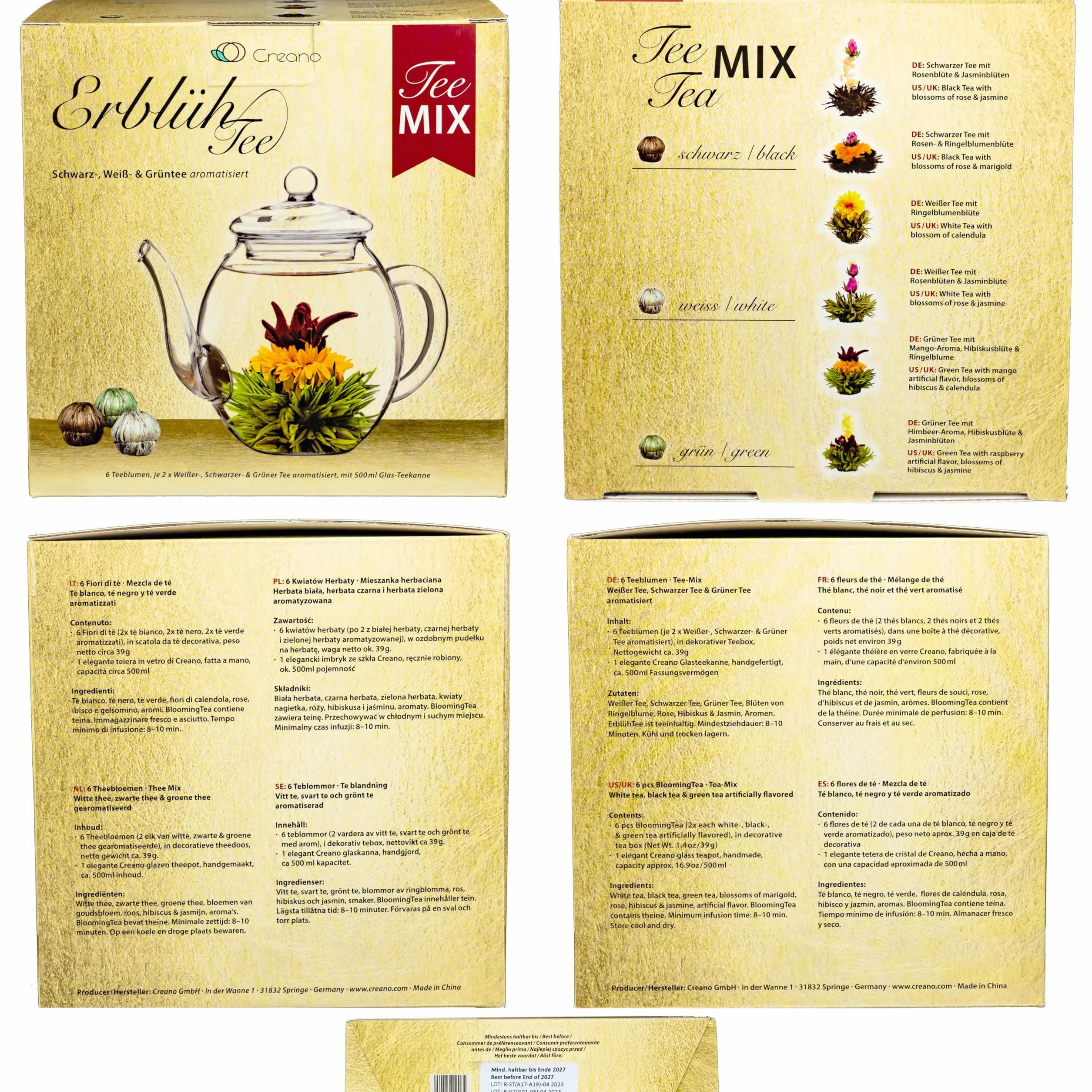 Creano Cofre de Oro Mezcla Flores de Té 6 uds Tetera de Vidrio 500ml Antigoteo Blanco, Verde y Negro