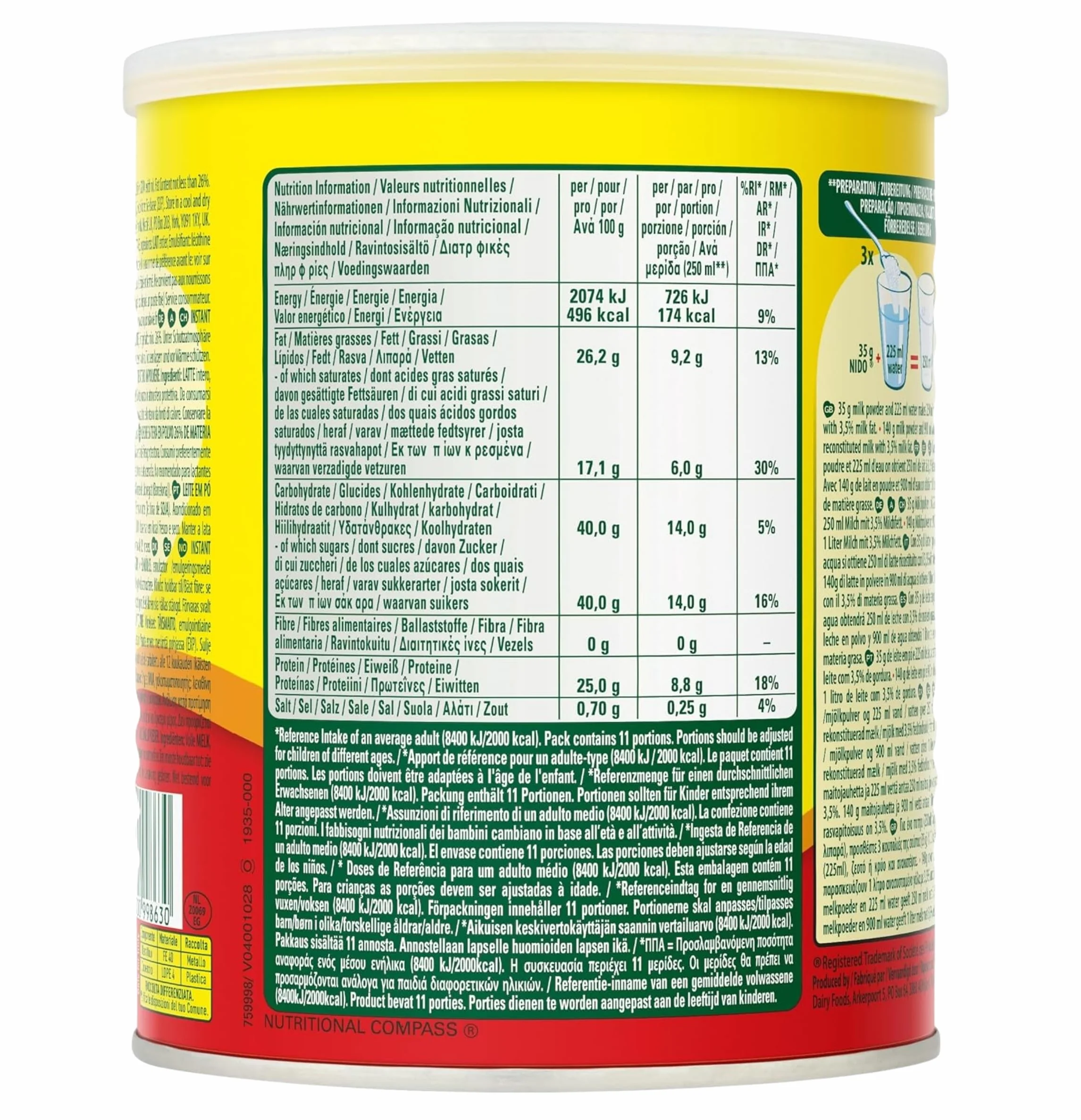 Nestlé NIDO Leche en Polvo Entera Instantánea 2,5kg Alto Contenido en Proteínas y Calcio