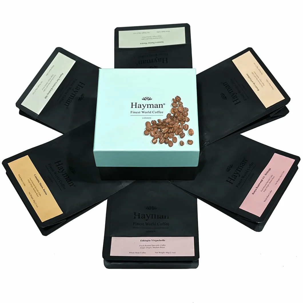 Hayman, Caja de Degustación de Cafés Especiales, Paquete de 6 Selecciones de Cafés Gourmet, Muestra de Variedad Premium, Surtido Regalo, En Grano, Tostado Medio, 6 bolsas con 60 Gramos (360g Total)