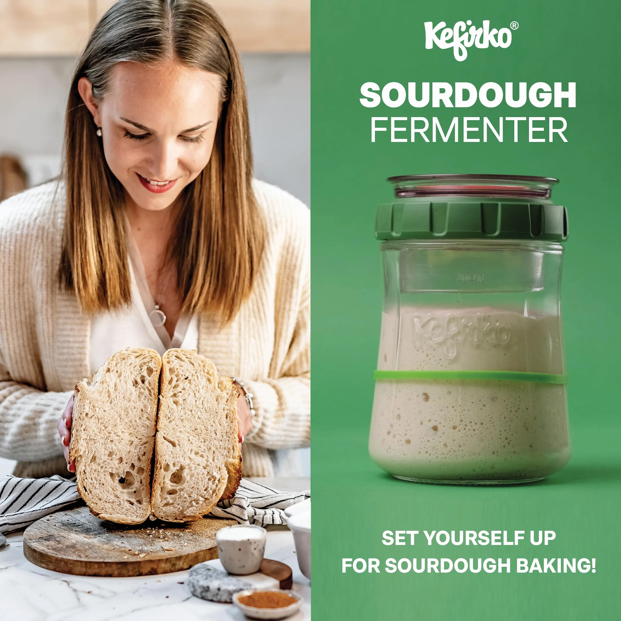 Kefirko Fermentador de masa madre 900 ml verde tarro de vidrio cuchara medidora reloj de fermentación