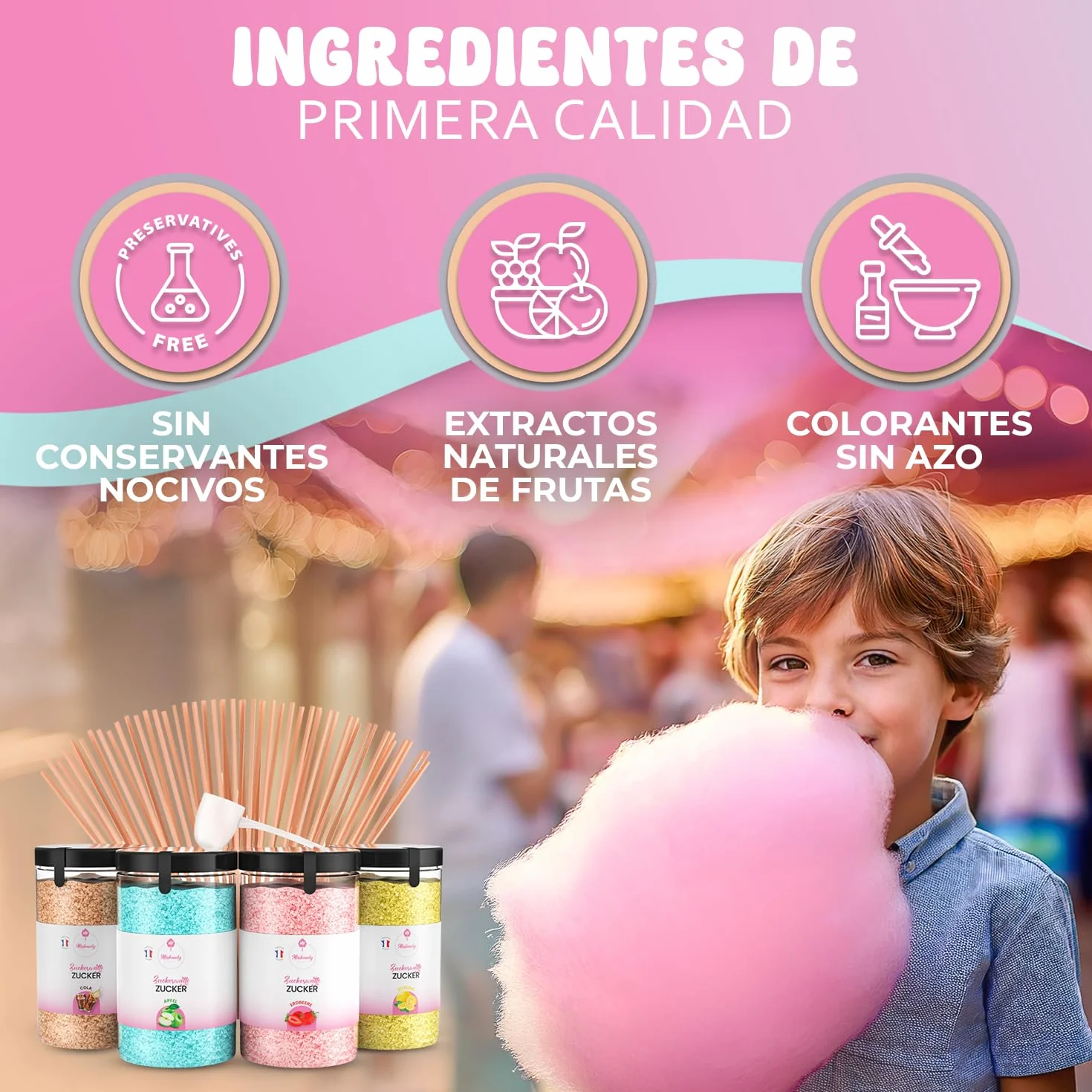 Misskandy® algodón de azúcar para máquina- Pack de 4 * 240Gr - (Sabores Naturales): Sabores: Fresa/Manzana/Cola/Limón + 50 palitos (gratis)