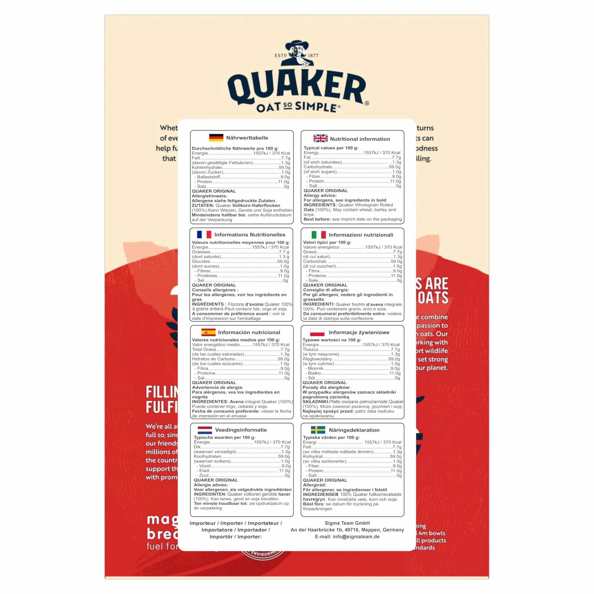 Set Cleverry con Quaker Oat So Simple Family Pack Original 40 bolsitas x 27g, Avena integral