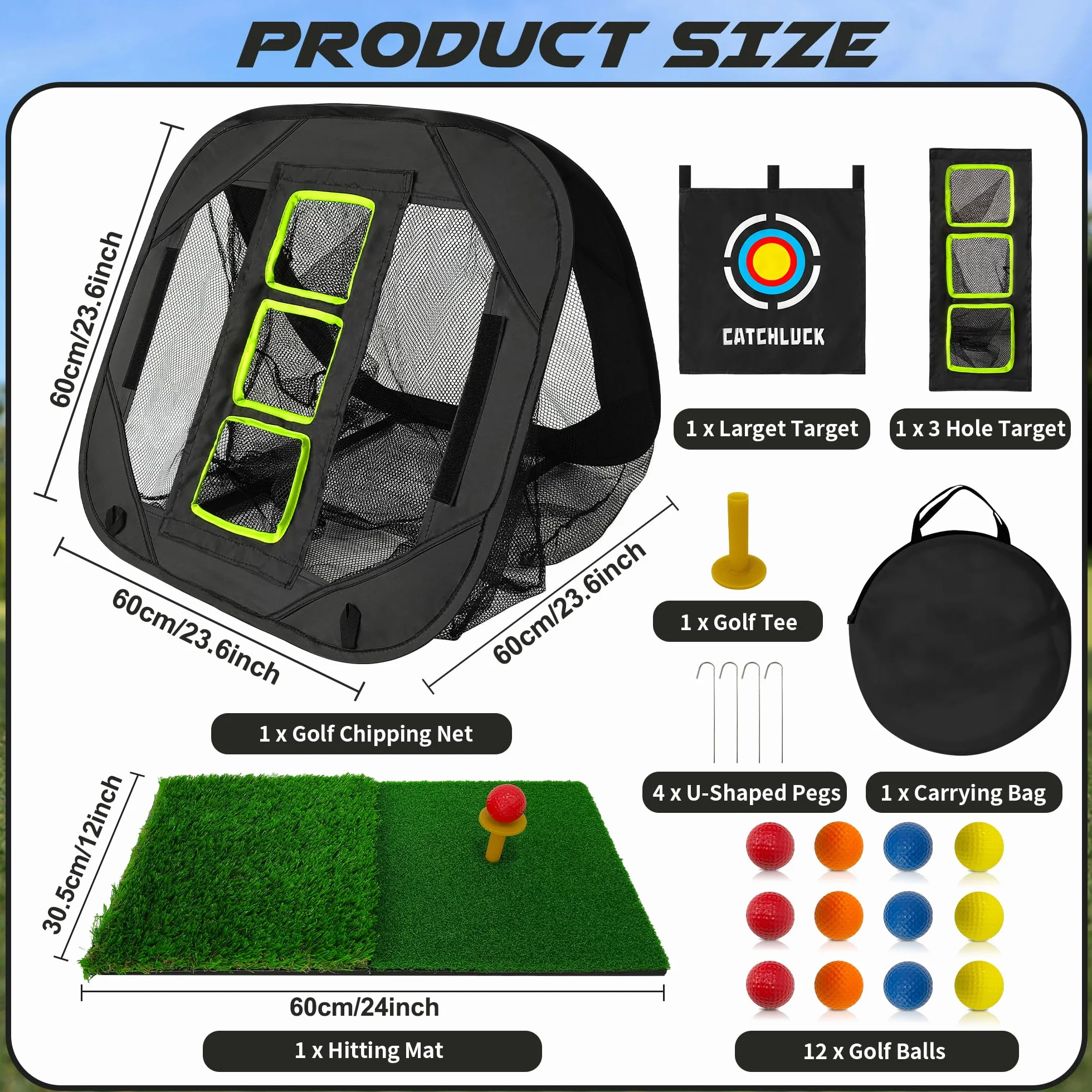 Red de práctica de astillado de golf, equipo de entrenamiento para interiores y exteriores, con alfombrilla de golpeo y 12 pelotas de golf de espuma, negro
