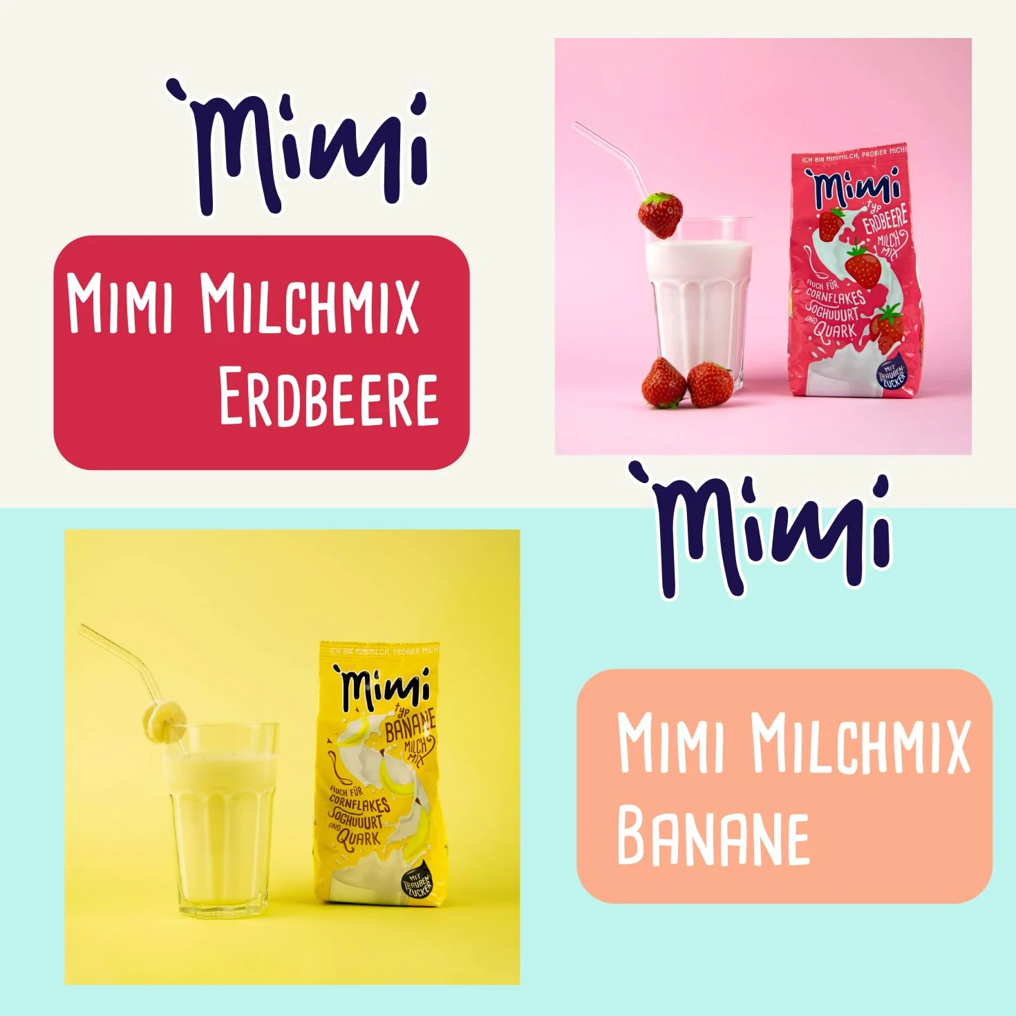 Mimi - Pack de 8 mezclas de leche en polvo (2 paquetes de 400 g cada uno), diseño de plátano, fresa, mango y vainilla, ideal para el tiempo libre, la escuela o para llevar para cualquier excursión