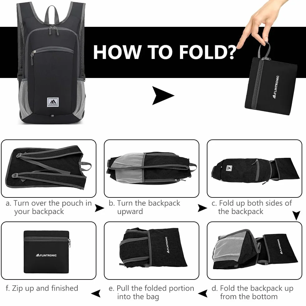flintronic 16L Mochila Plegable Ultraligera Impermeable para Senderismo Viaje Negro