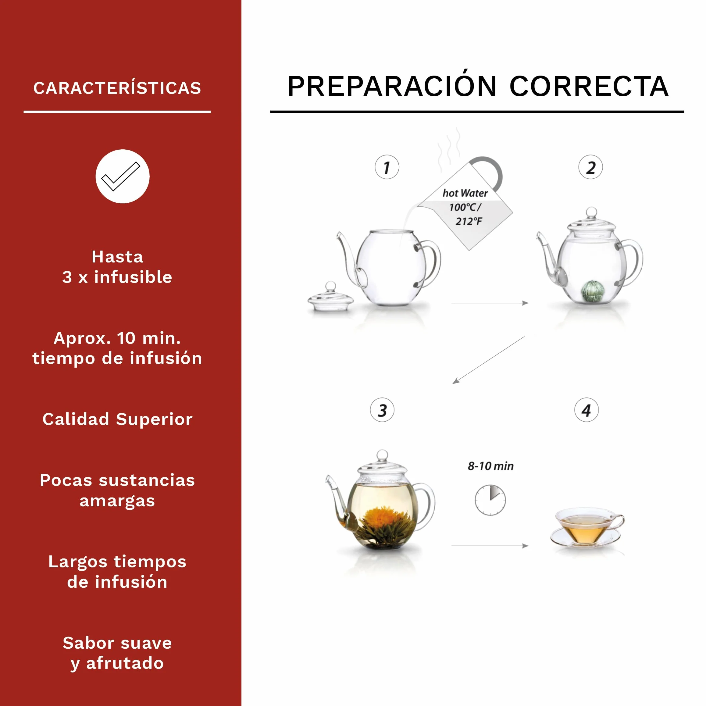 Creano Flores de Té Blanco 6 uds – Cofre de Madera con Tetera de Vidrio 500ml Antigoteo – Set de Lujo para Regalo – Té en Flor Hecho a Mano