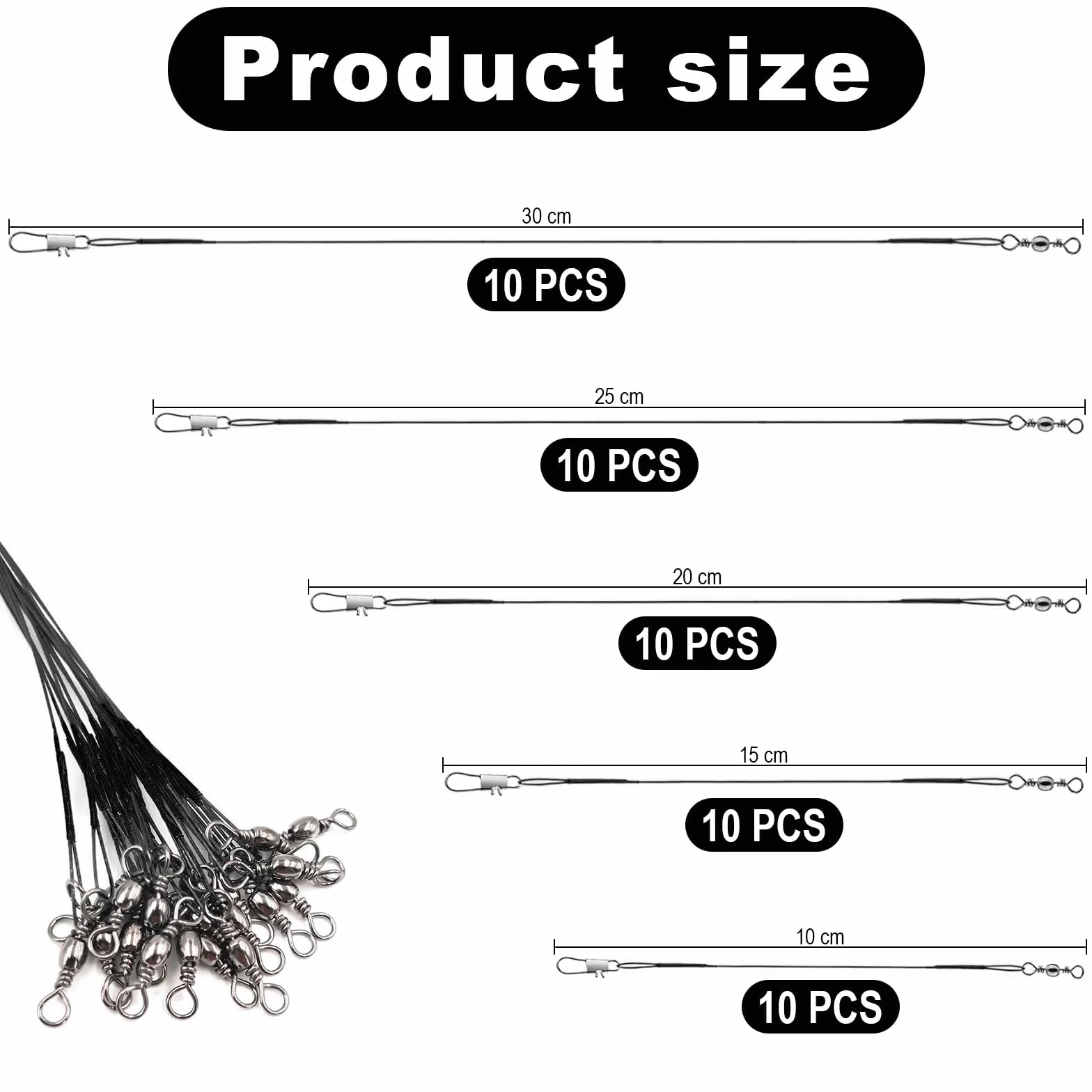 Bajos de línea de Acero para Pesca del Lucio, Lote 50 uds, 5 Tamaños (10-30 cm)