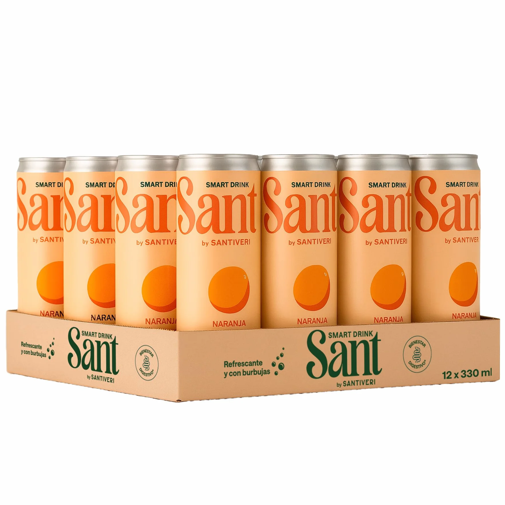 Santiveri - SANT Smart Drink, Bebida con Zumo Natural de Frutas y Fibra Prebiótica, Bajo en Calorías, Sin Azúcares, Ni Edulcorantes Artificiales - 12 Latas x 330 ml (Pack de 12, Naranja-Mango)