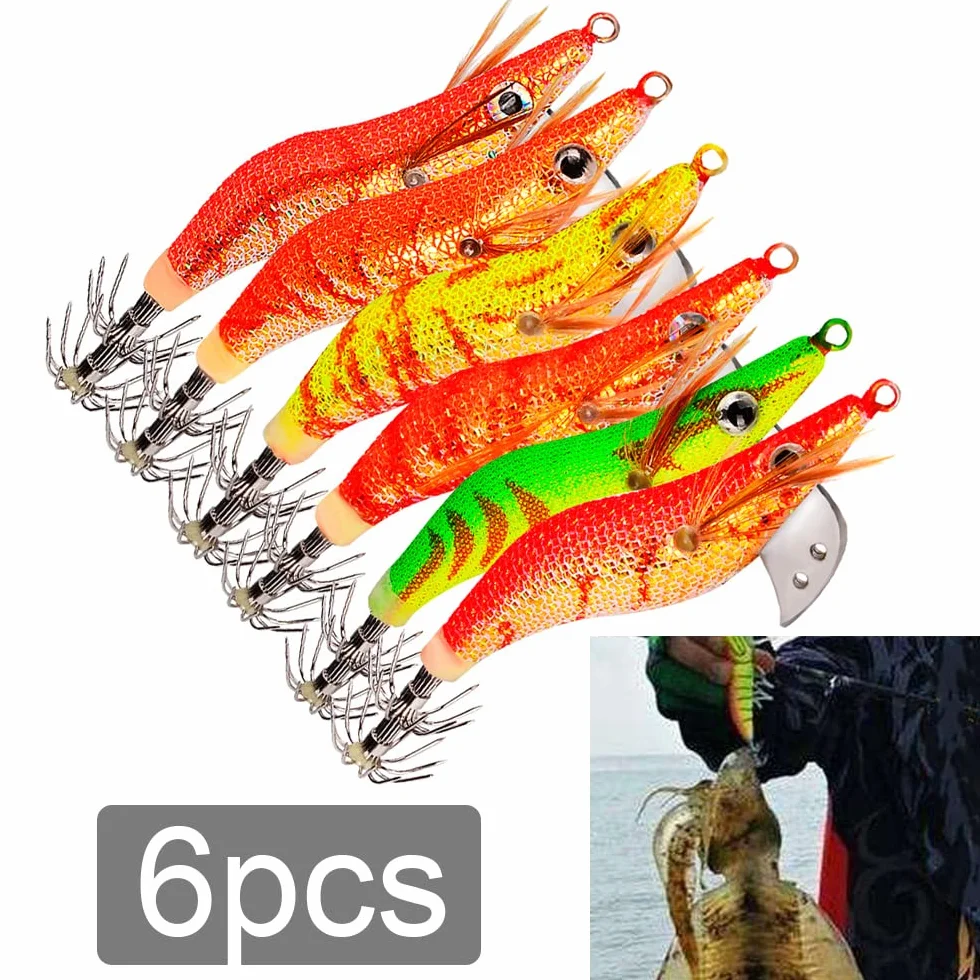 Cebos de Pesca Calamar Pulpo Camarones, Jig Ganchos Señuelo Falso 6pcs