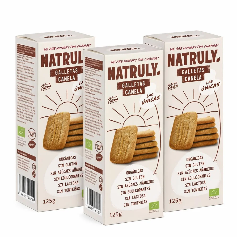 Pack 3 x Galletas con Canela Natruly Bio 125 g (375 g) | Ecológicas, veganas y sin gluten | Sin azúcares añadidos, sin edulcorantes y sin lactosa, snack crujiente