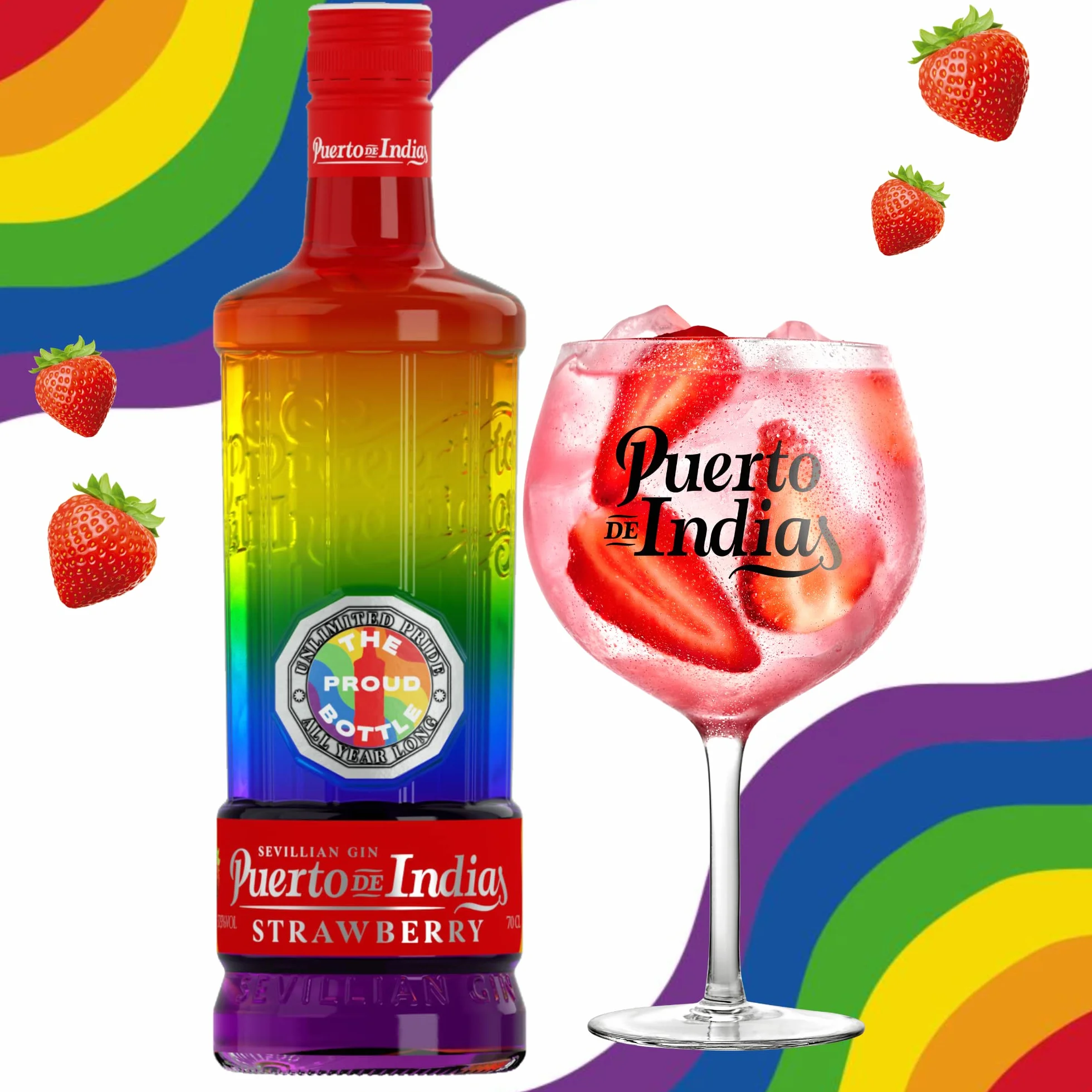 Puerto de Indias – Edicion ilimitada LGTBIQ+ Orgullo Todo el Año – Ginebra de Fresa Premium – Strawberry Premium Gin – 70 cl – 37.5º