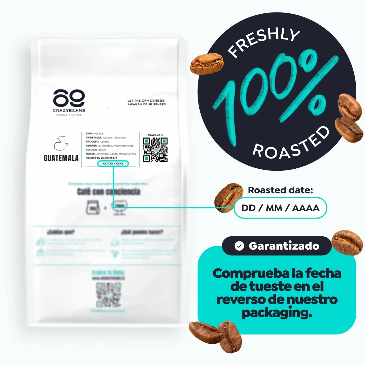 Cafe de Especialidad en Grano | Guatemala Caturra,Bourbon | 100% Arábica | Lavado con fermentación | 1600m | 84 puntos SCA | Huehuetenango,Guatemala | 500g | 69 CrazyBeans Specialty Coffee